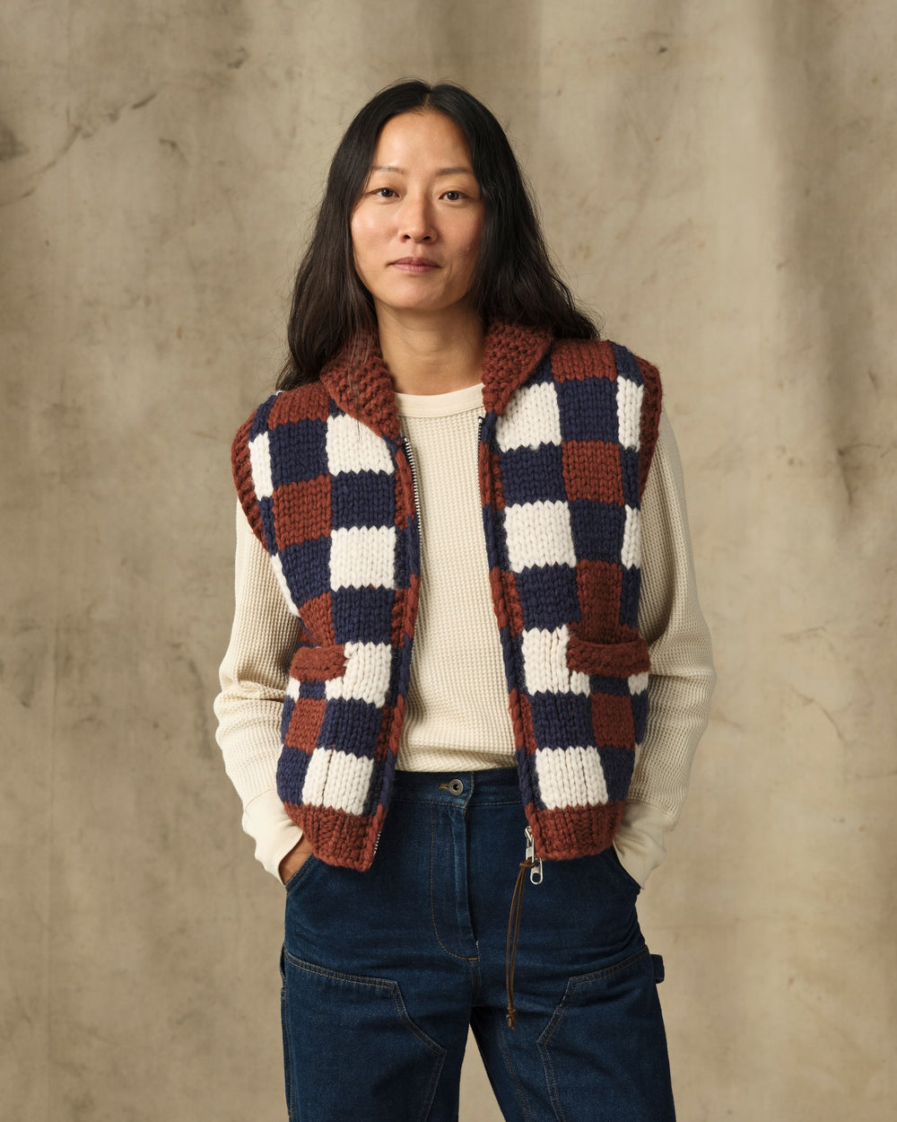 Women's Handmade Sweater Vest - Maroon / Navy Multi