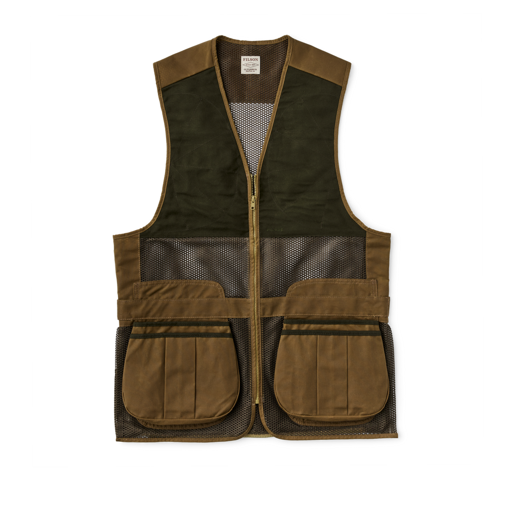 Front-facing image of the Filson Lightweight Shooting Vest - Dark Tan