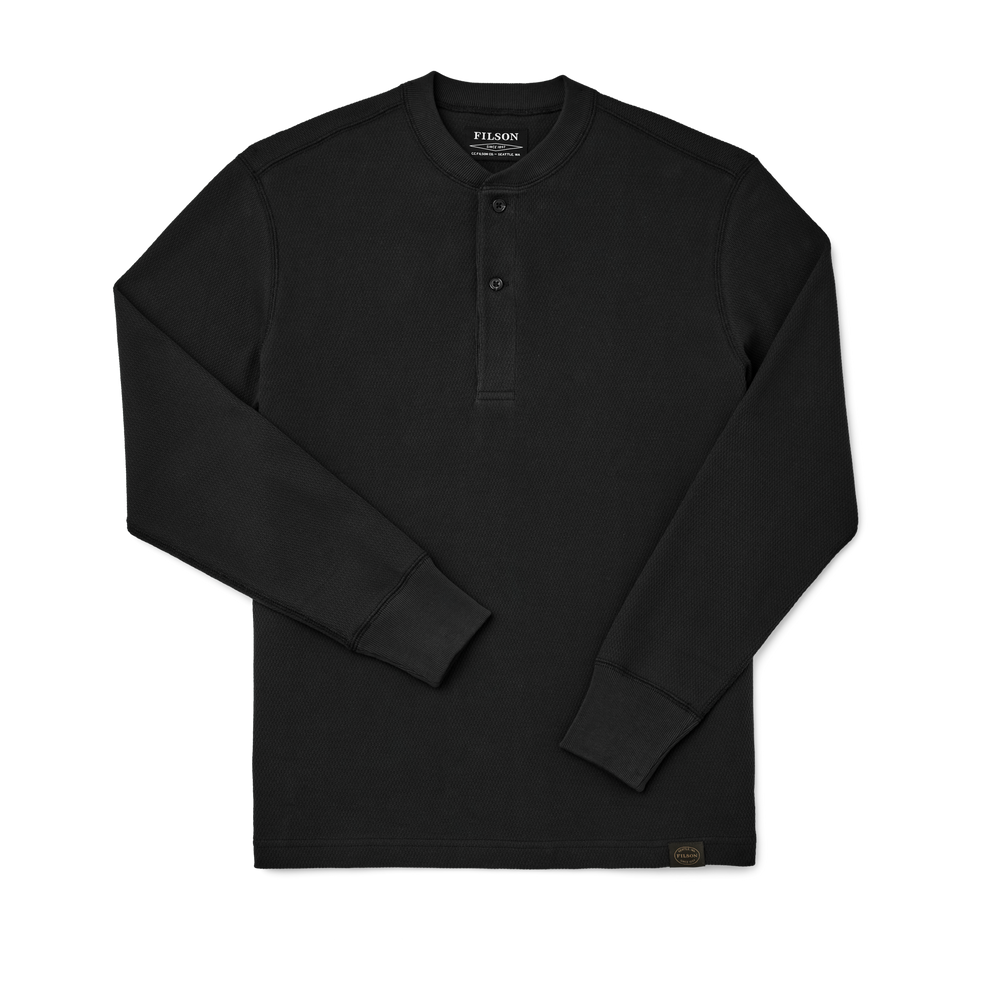 Front-facing image of the Filson Waffle Knit Henley - Faded Black