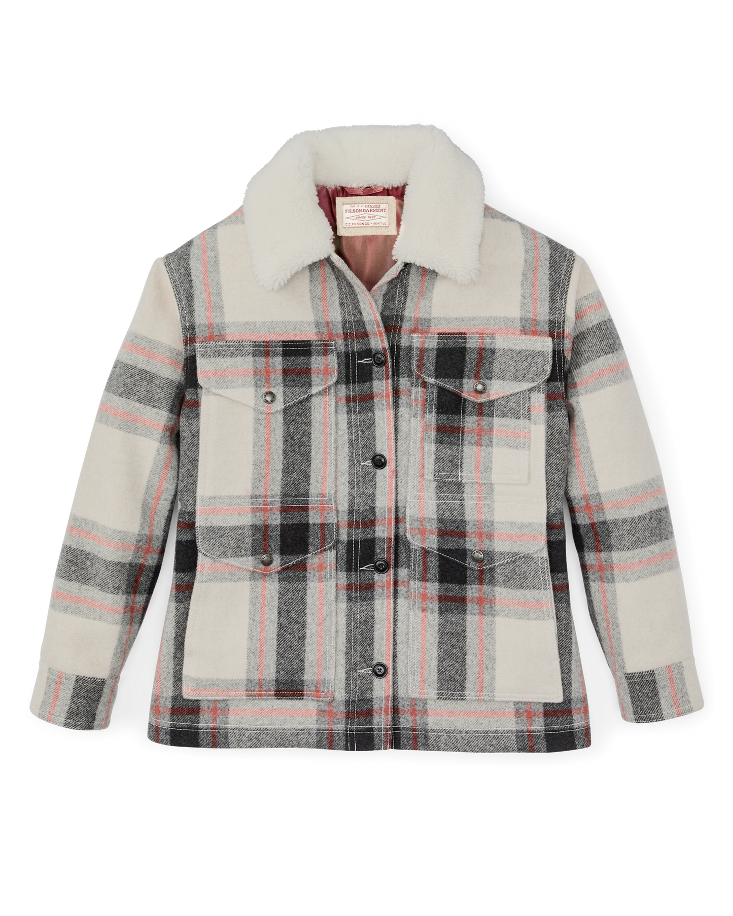 Women's Mackinaw Wool Shearling Cruiser Jacket - Cream / Red / Black Plaid