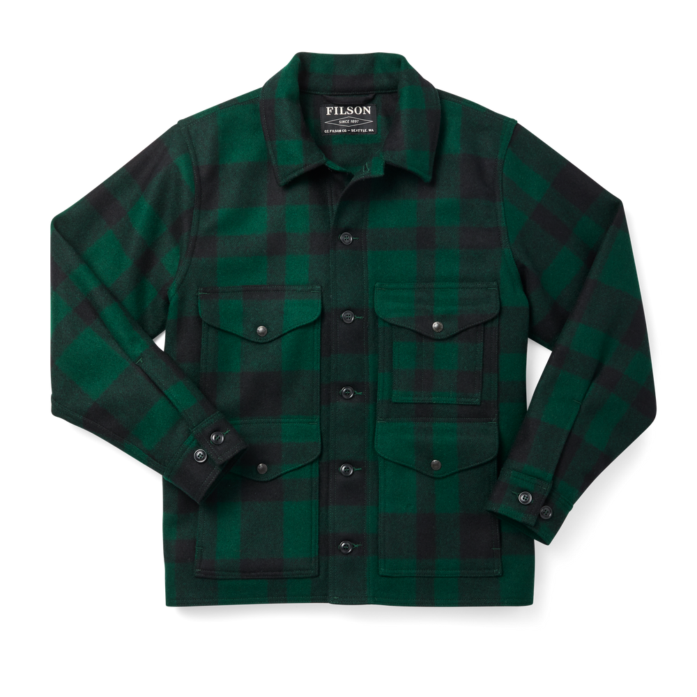 Front-facing image of the Filson Mackinaw Wool Cruiser Jacket - Green / Black Plaid