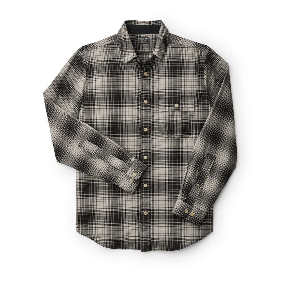 Front-facing image of the Filson Rustic Oxford Shirt - Black/dusty Khaki Plaid
