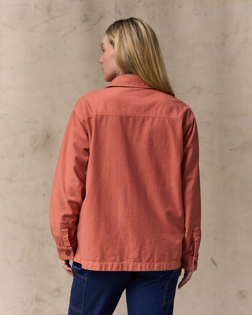image of a model wearing Filson's Women's Reverse Sateen Jac-shirt - Copper Brown