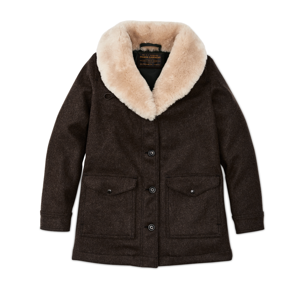 Front-facing image of the Filson Women's Wool Trapper Coat - Brown