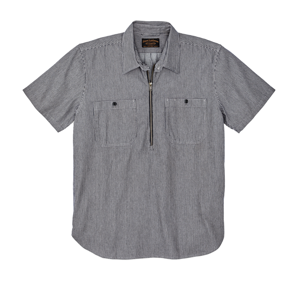 Front-facing image of the Filson Short Sleeve Mechanic Shirt - Navy/ Gray Hickory Stripe