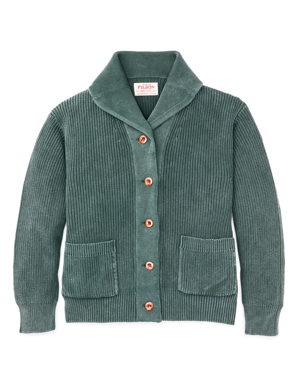 Front-facing image of the Filson Women's Cotton Shawl Neck Cardigan - Juniper