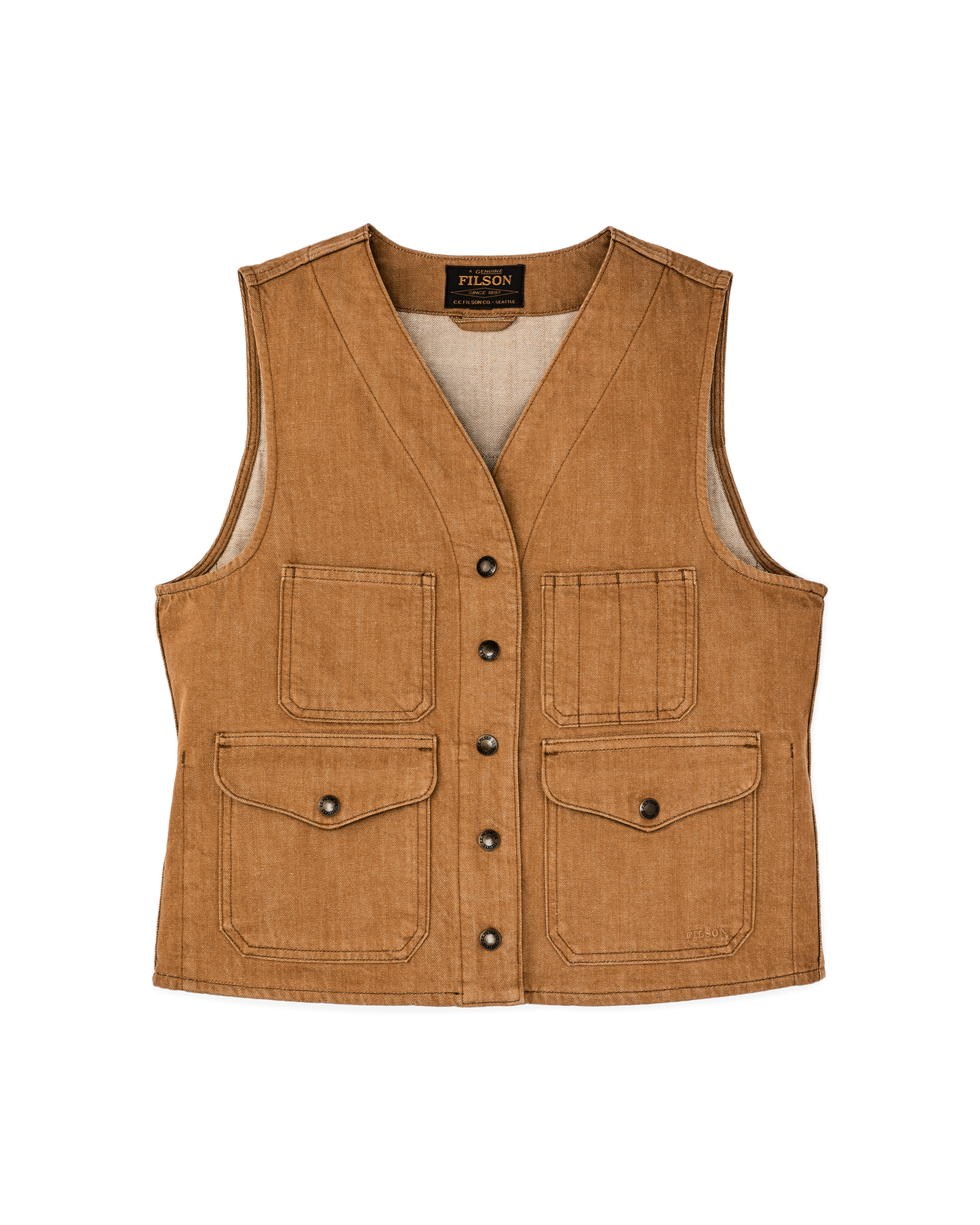 Front-facing image of the Filson Women's Archive Cruiser Vest - Harvest Tan