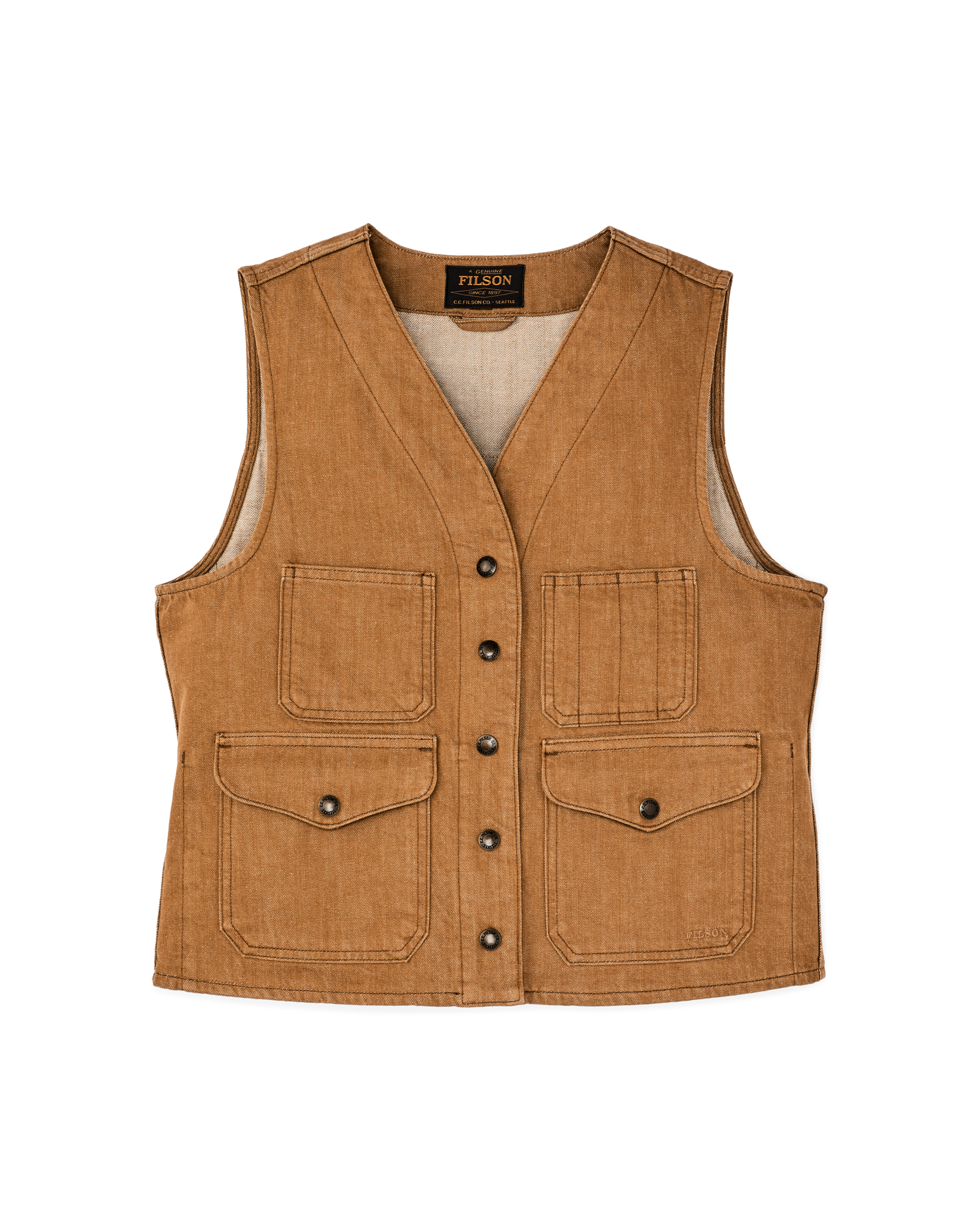 Front-facing image of the Filson Women's Archive Cruiser Vest - Harvest Tan