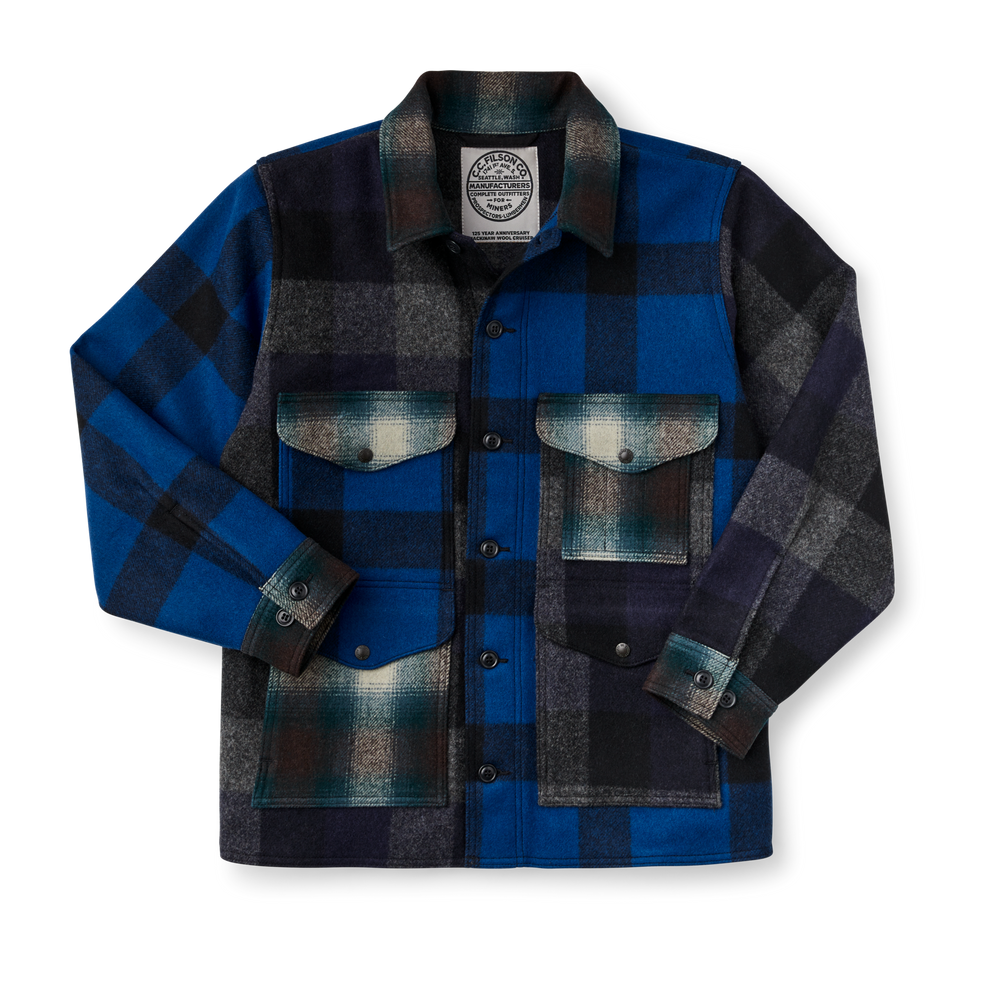 Front-facing image of the Filson 125th Anniversary Archival Mackinaw Wool Cruiser - Cobalt Patchwork