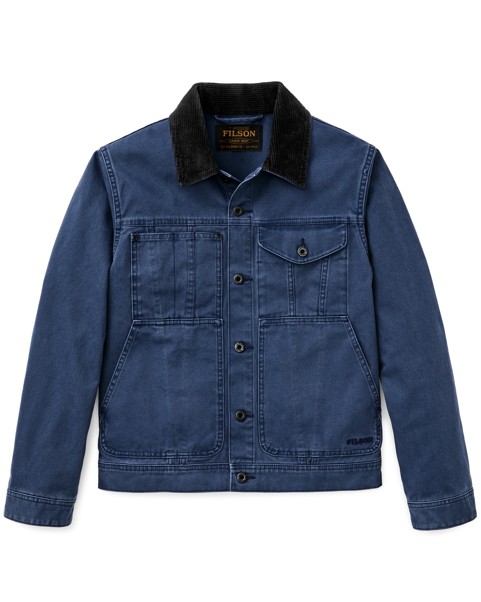 Front-facing image of the Filson Rustic Canvas Short Cruiser Jacket - Indigo