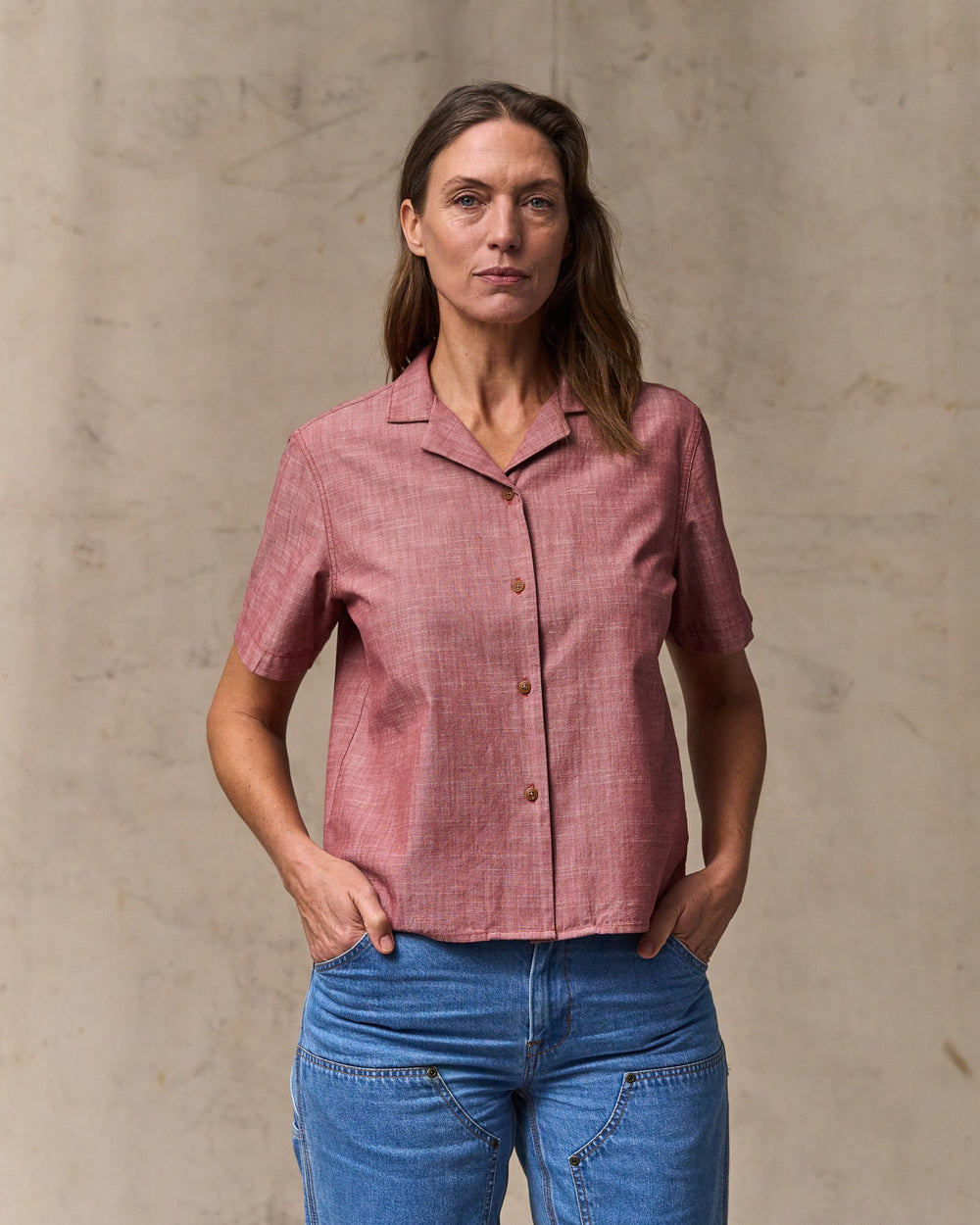 image of a model wearing Filson's Women's Camp Shirt - Red Rock