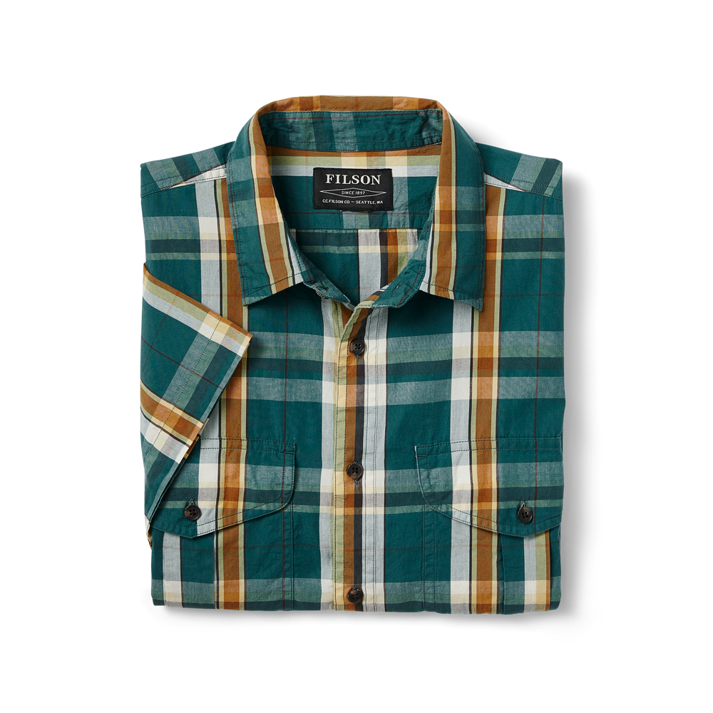 Alternate view of the Filson Filson's Washed Short Sleeve Feather Cloth Shirt - Green /gold /  White Plaid