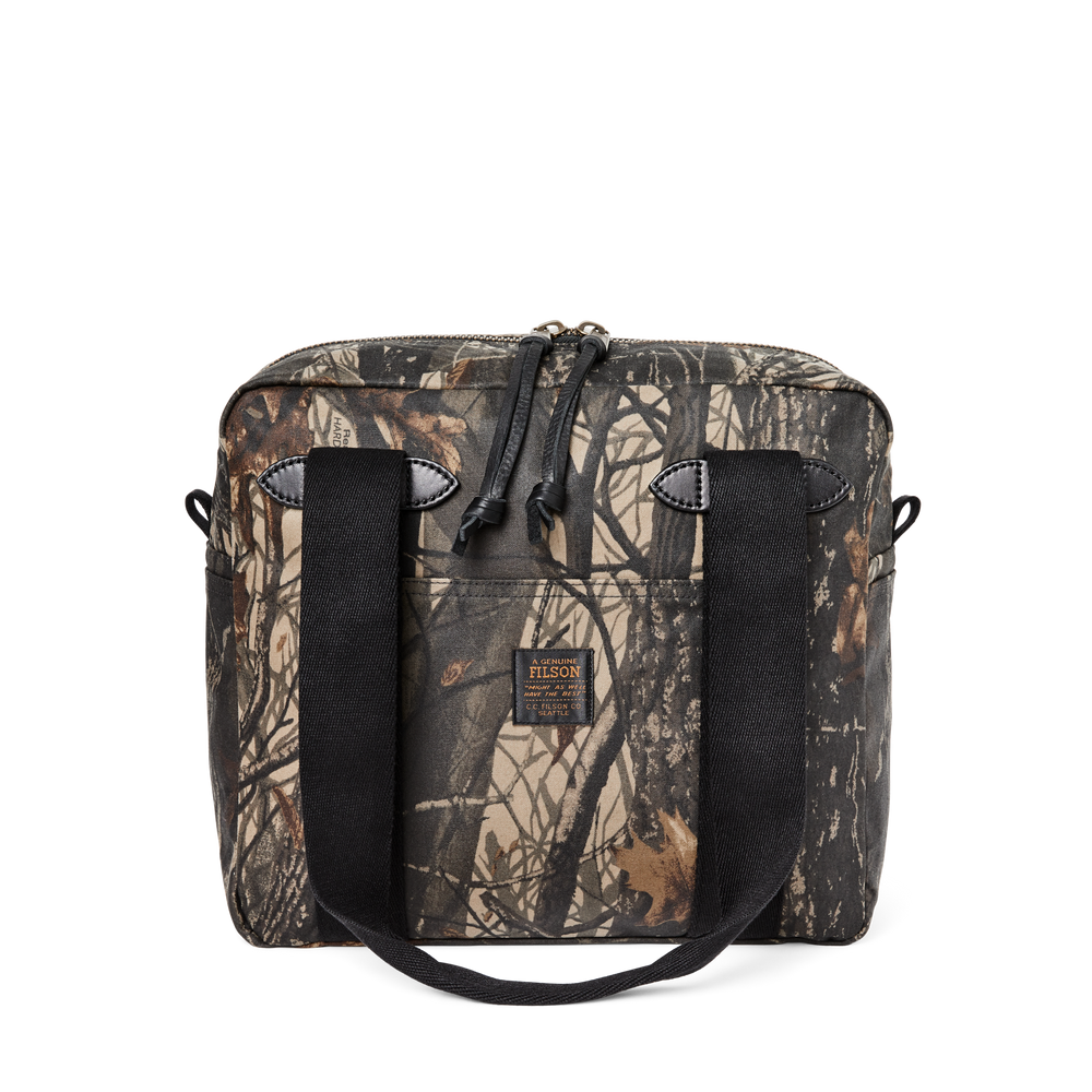 Front-facing image of the Filson Tin Cloth Zipper Tote Bag - Realtree Hardwoods Camo