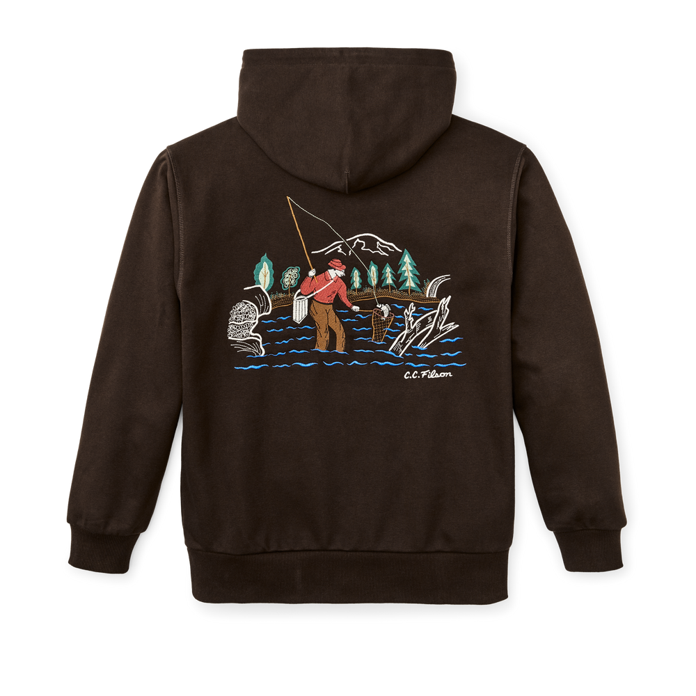 Alternate view of the Filson Prospector Embroidered Hoodie - Dark Brown / Fishing