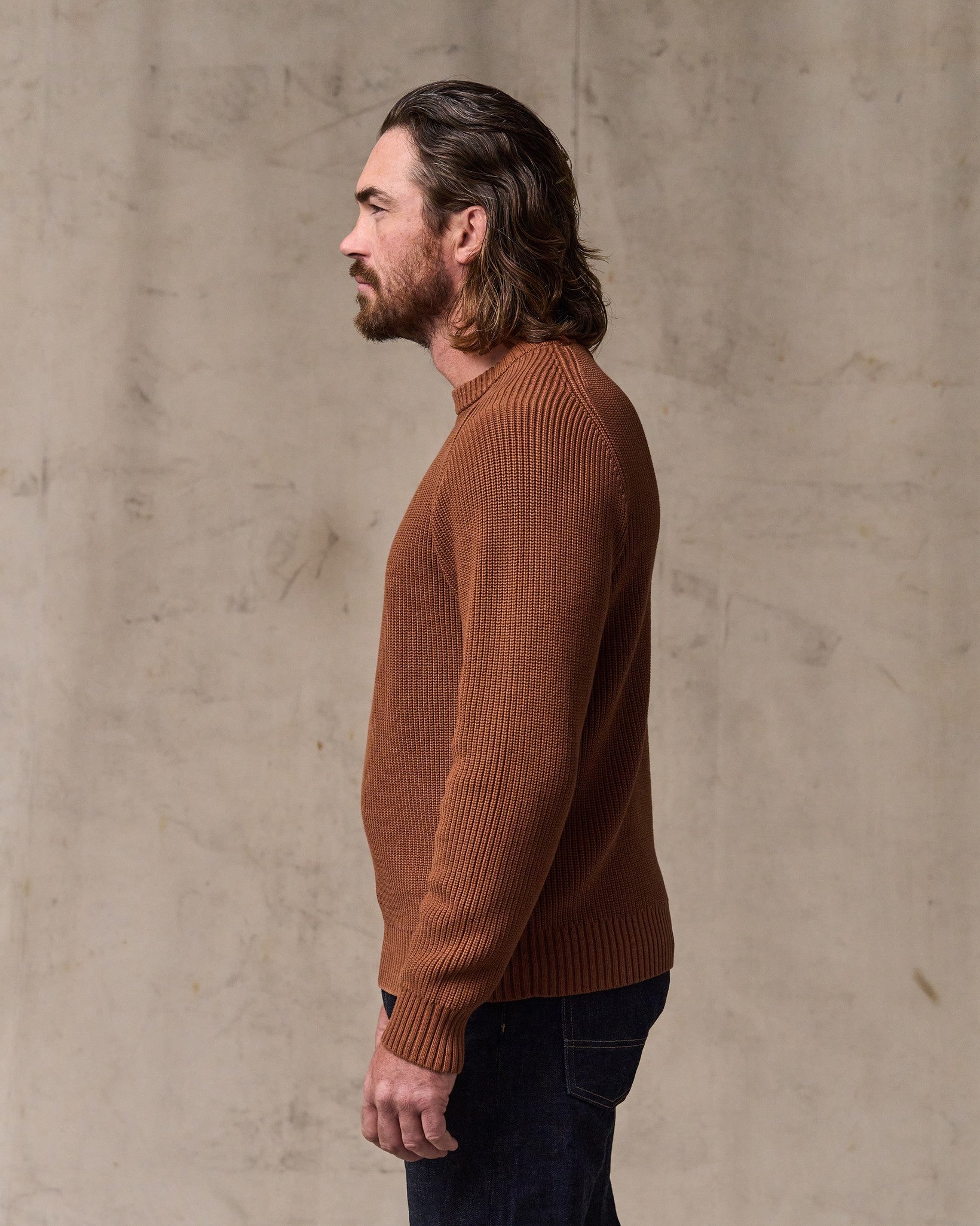 image of a model wearing Filson's Vintage Cotton Crewneck Sweater - Rust