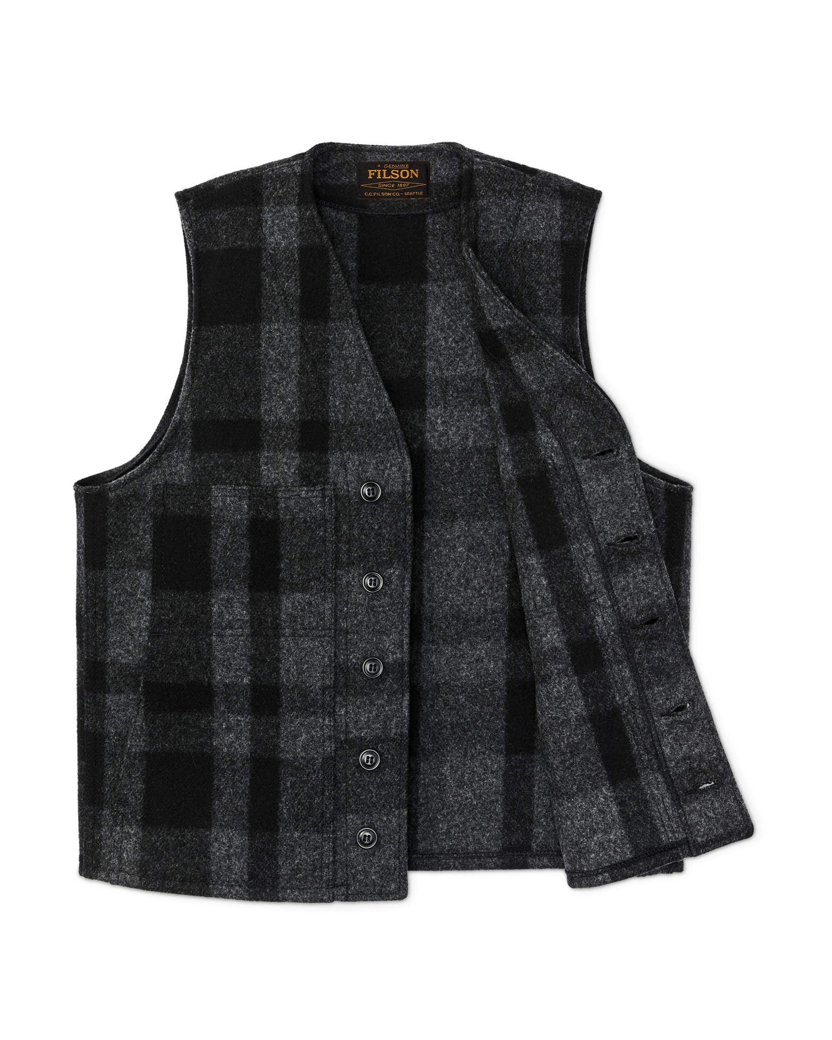 Front-facing image of the Filson Mackinaw Wool Vest - Charcoal / Black Heritage Plaid