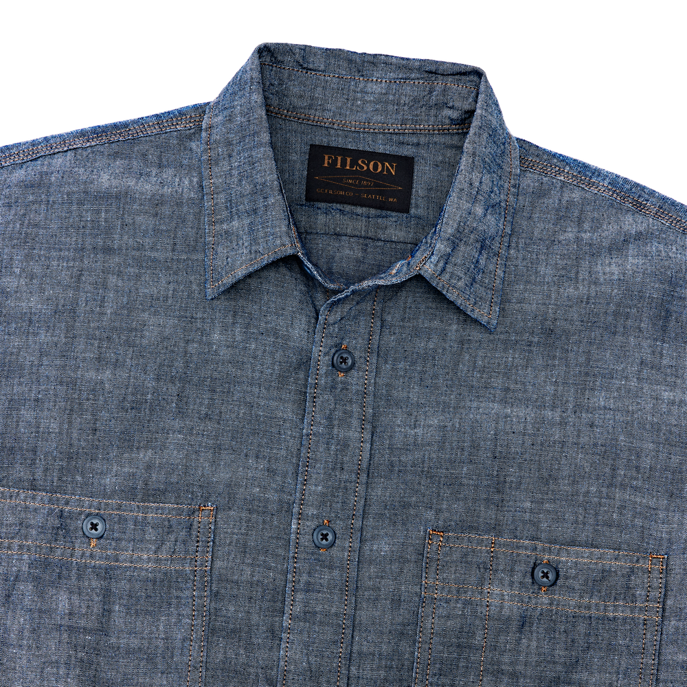 alternate image of filson's chambray cpo shirt, a men's long sleeve shirt constructed in denim, shown in rinsed indigo chambray