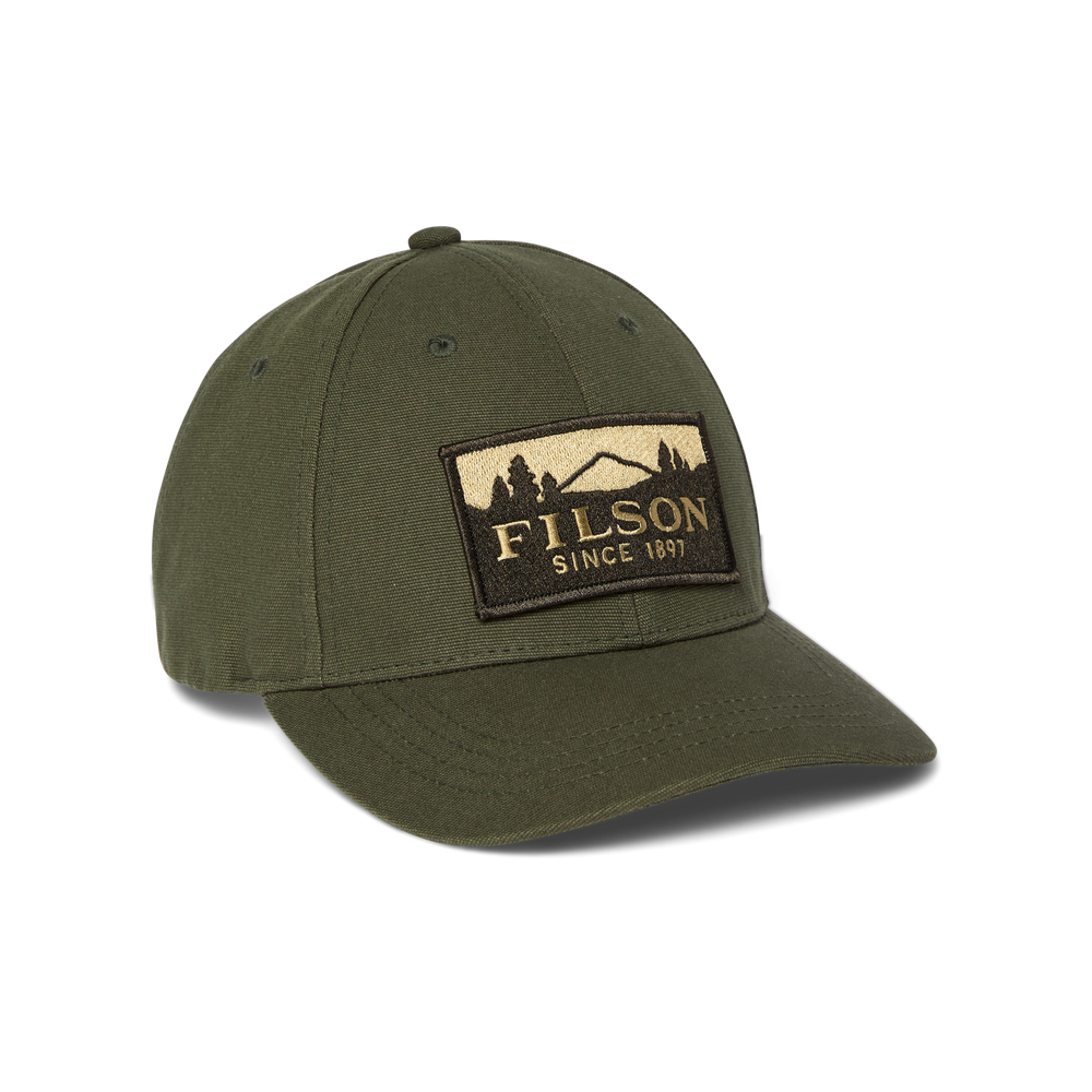 Front-facing image of the Filson Logger Cap - Dark Olive / Scenic Patch