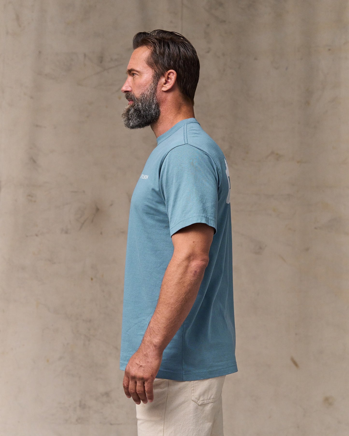 image of a model wearing Filson's Scenic Graphic T-shirt - Bluefin