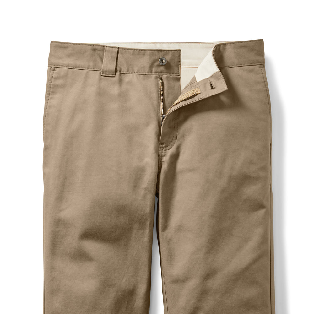 Front view of un-zipped Filson Bremerton Work Pants in khaki