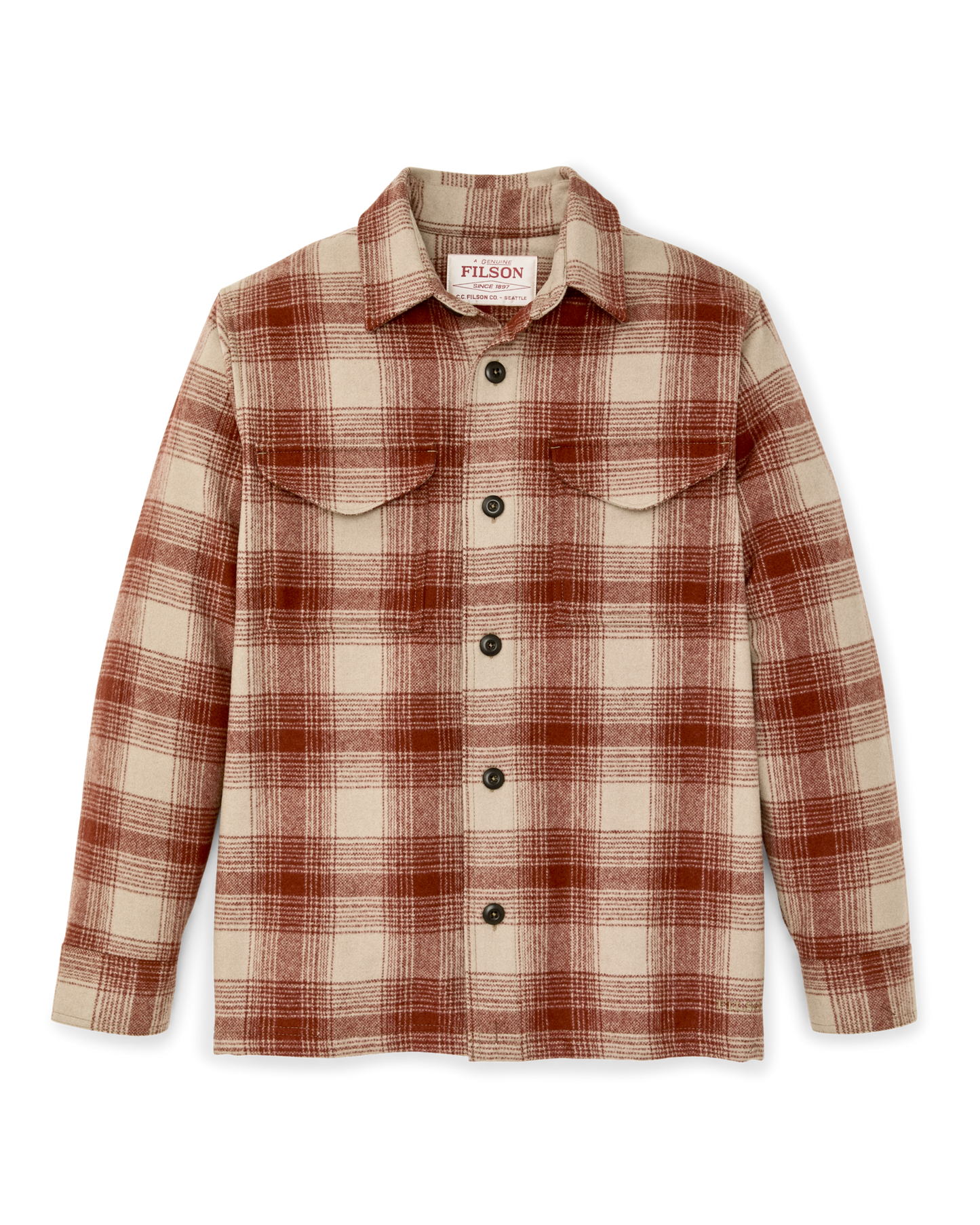 Front-facing image of the Filson Wool Jac-shirt - Brick Multi Plaid