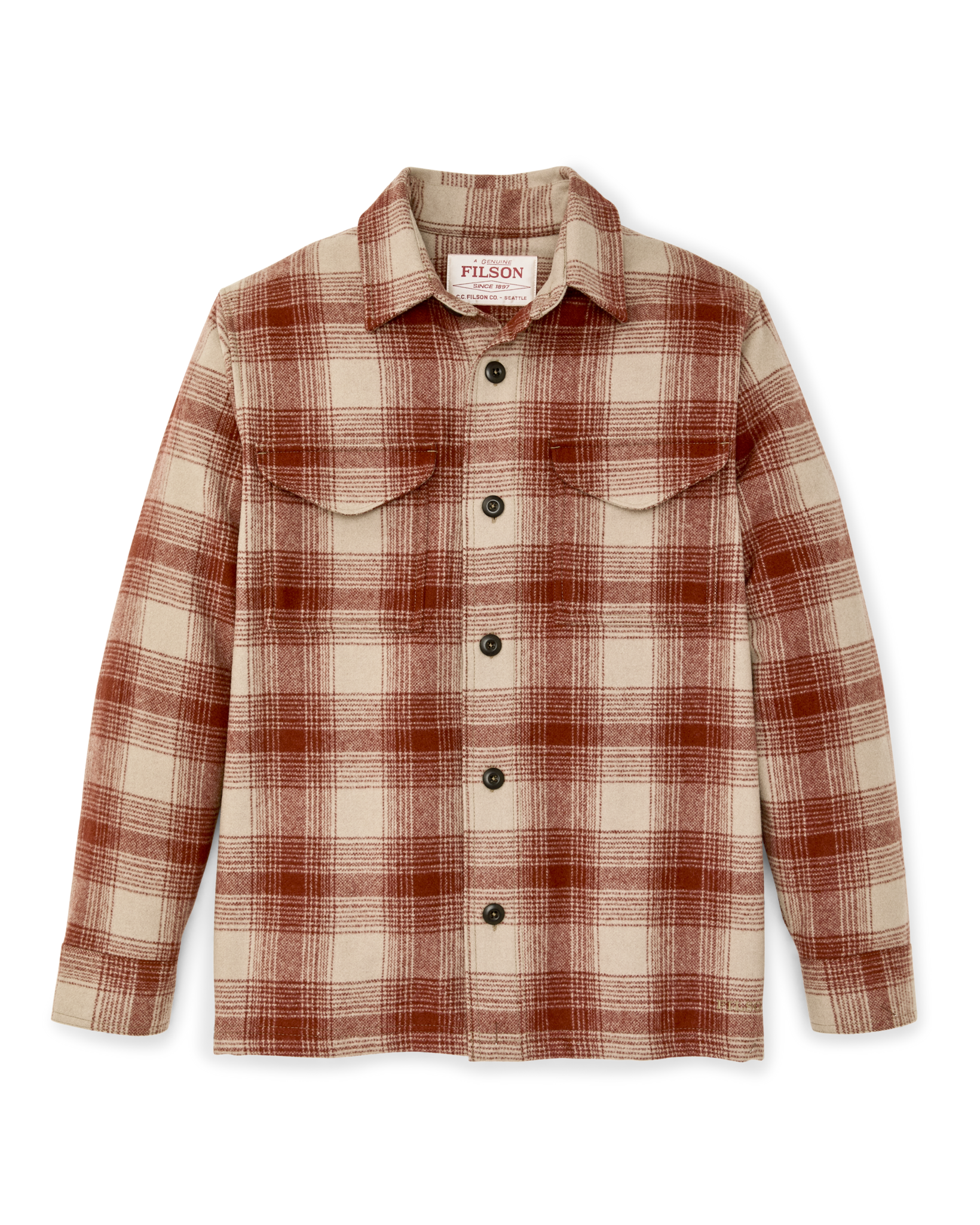 Front-facing image of the Filson Wool Jac-shirt - Brick Multi Plaid