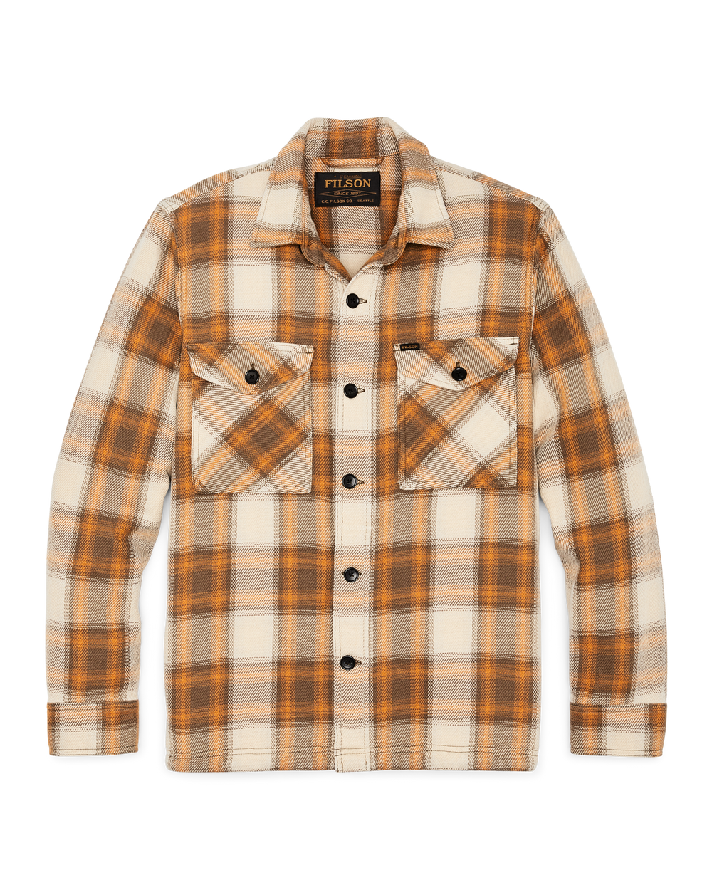 Front-facing image of the Filson Deer Island Jac-shirt - Orange / Brown Shadow Plaid