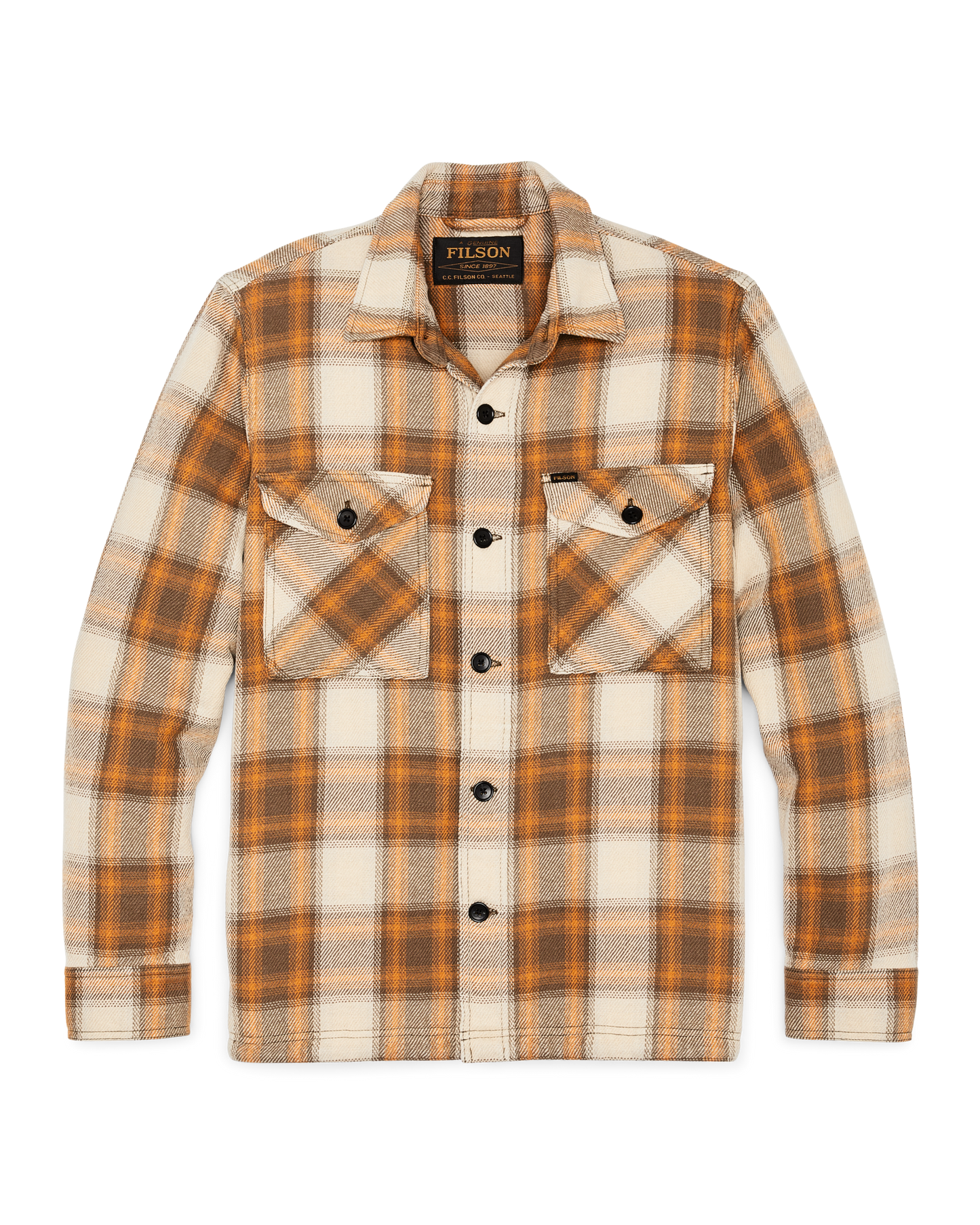 Front-facing image of the Filson Deer Island Jac-shirt - Orange / Brown Shadow Plaid