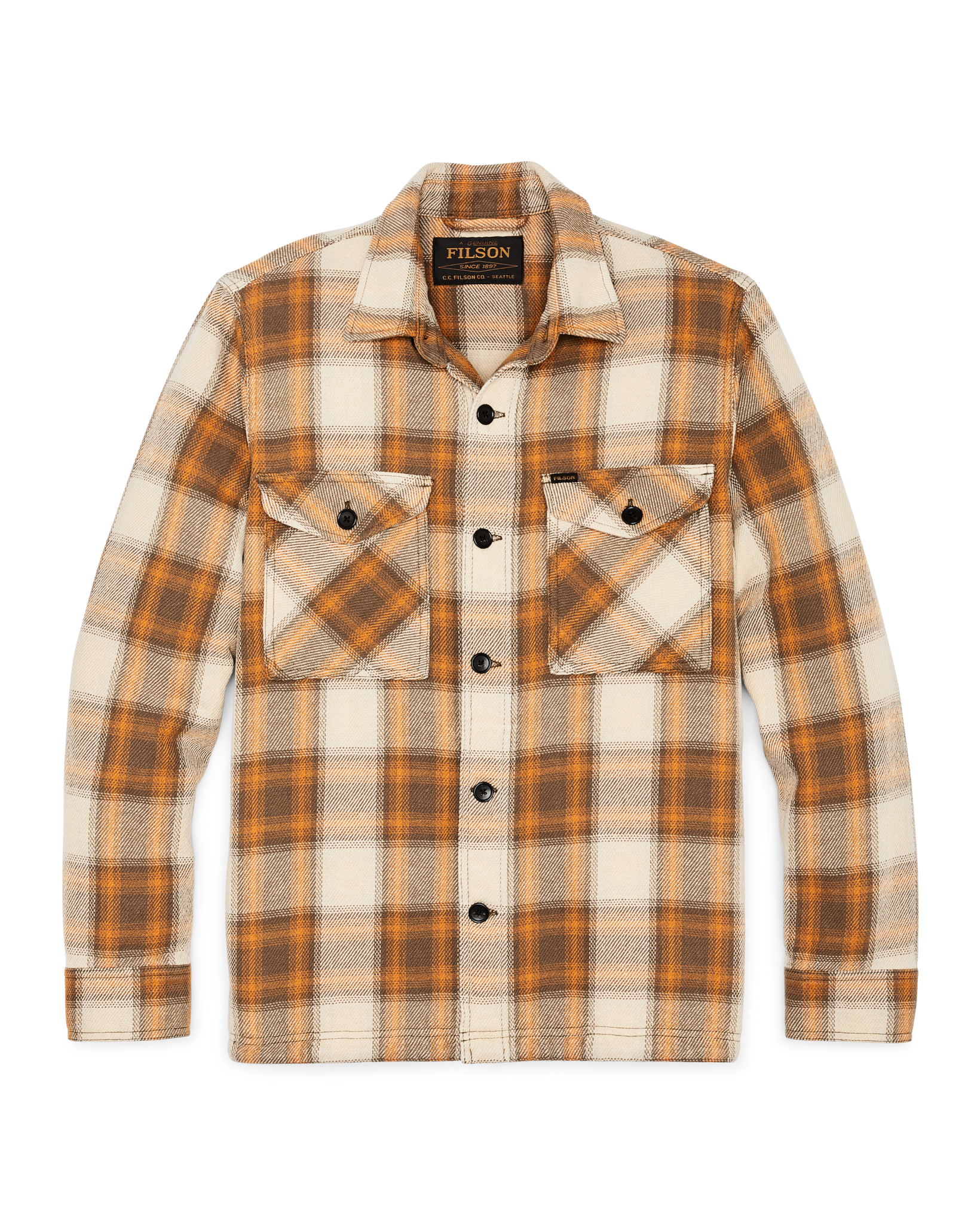 Front-facing image of the Filson Deer Island Jac-shirt - Orange / Brown Shadow Plaid