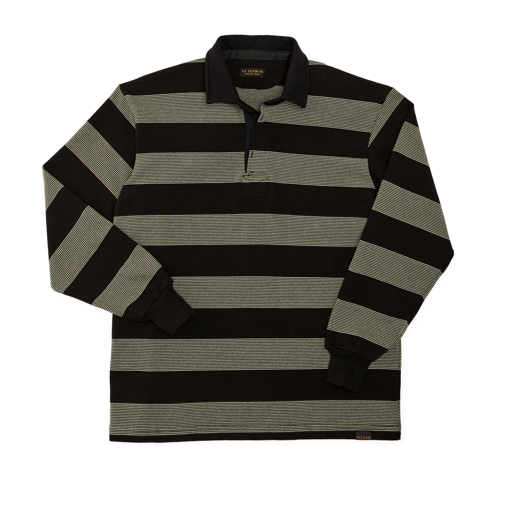 Front-facing image of the Filson Tiger Stripe Pro Rugby Shirt - Green Taupe