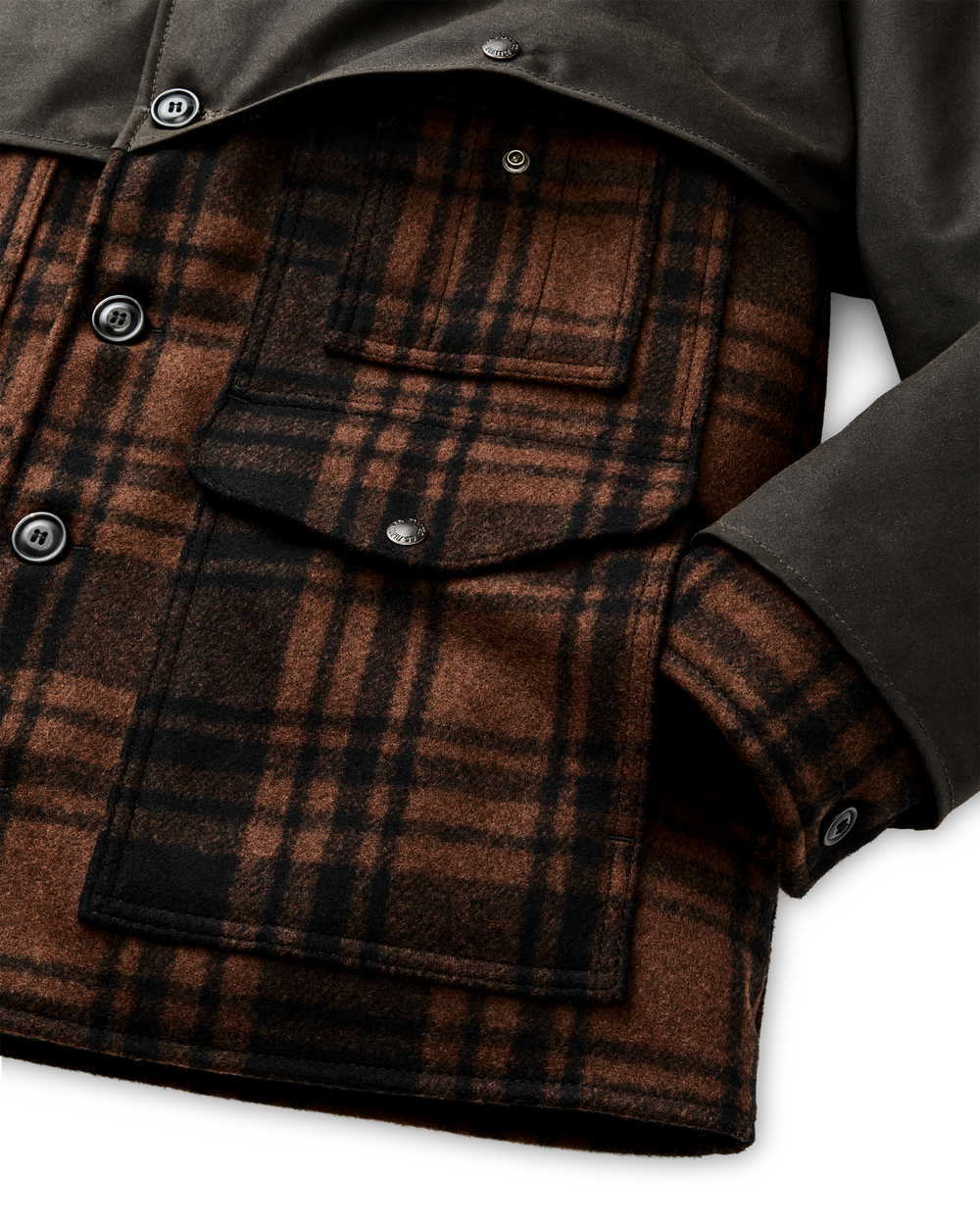 Alternate view of the Filson Mackinaw Wool Caped Cruiser Jacket - Brick Plaid