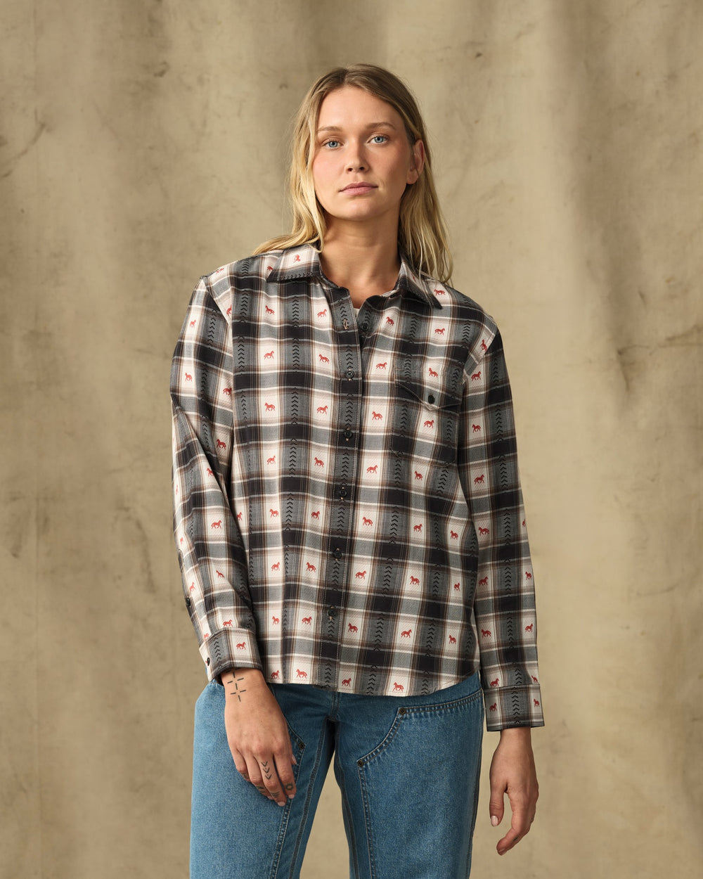 image of a model wearing Filson's Women's Ranch Shirt - Cream Print