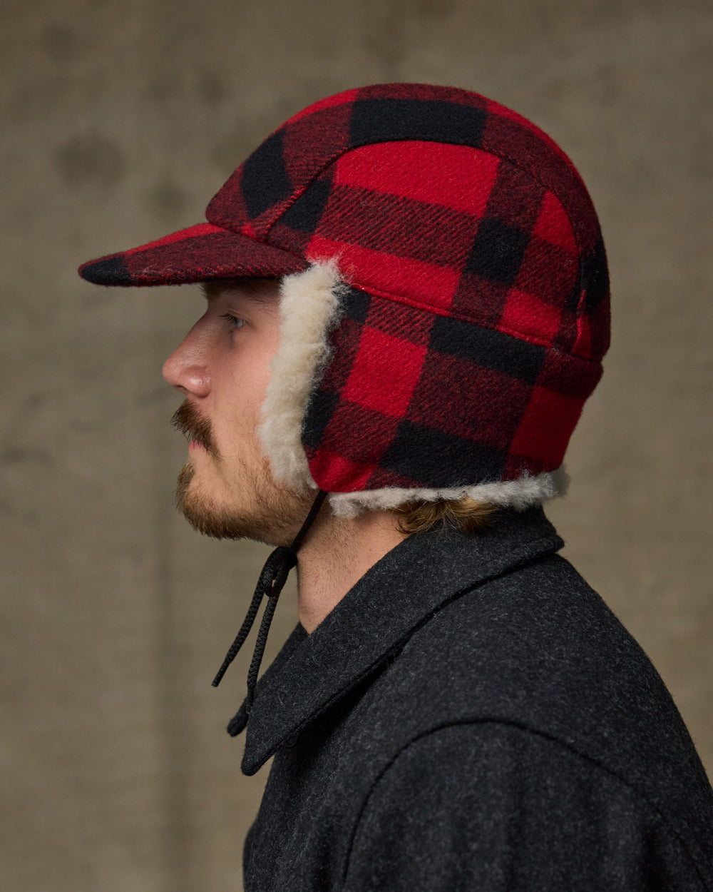 Double Mackinaw Wool Cap - Red Black Plaid/birch