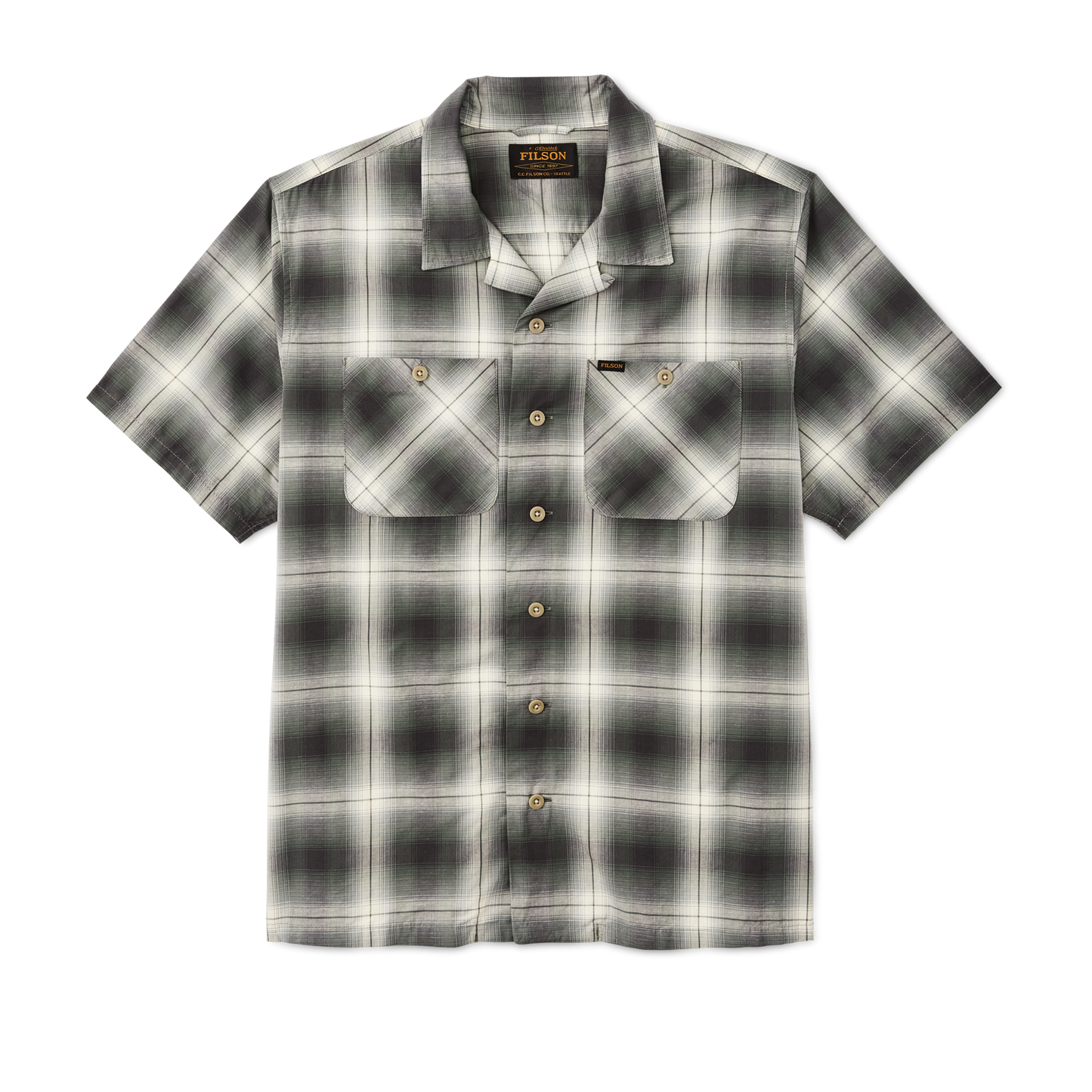Front-facing image of the Filson Greenwood Short Sleeve Camp Shirt - Olive / Beige Ombre