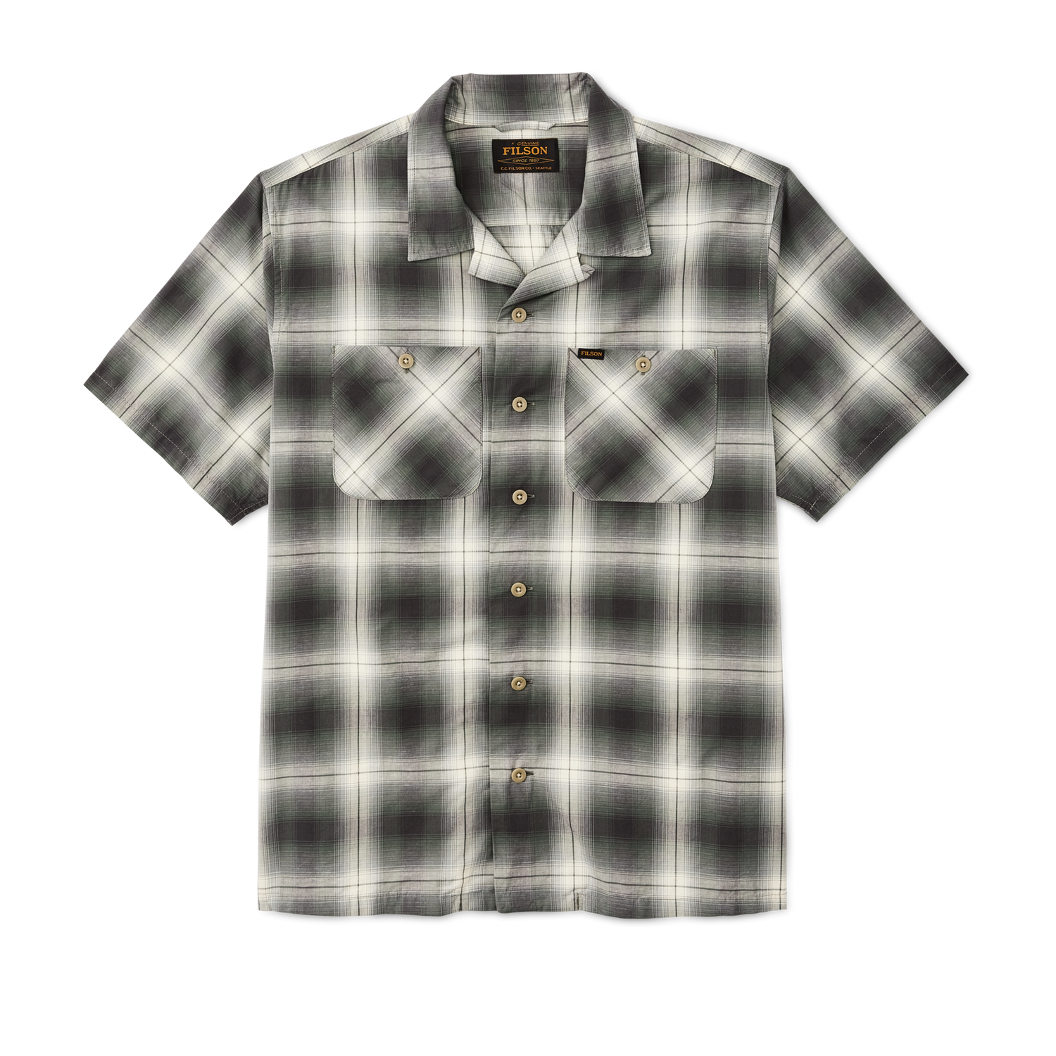 Front-facing image of the Filson Greenwood Short Sleeve Camp Shirt - Olive / Beige Ombre