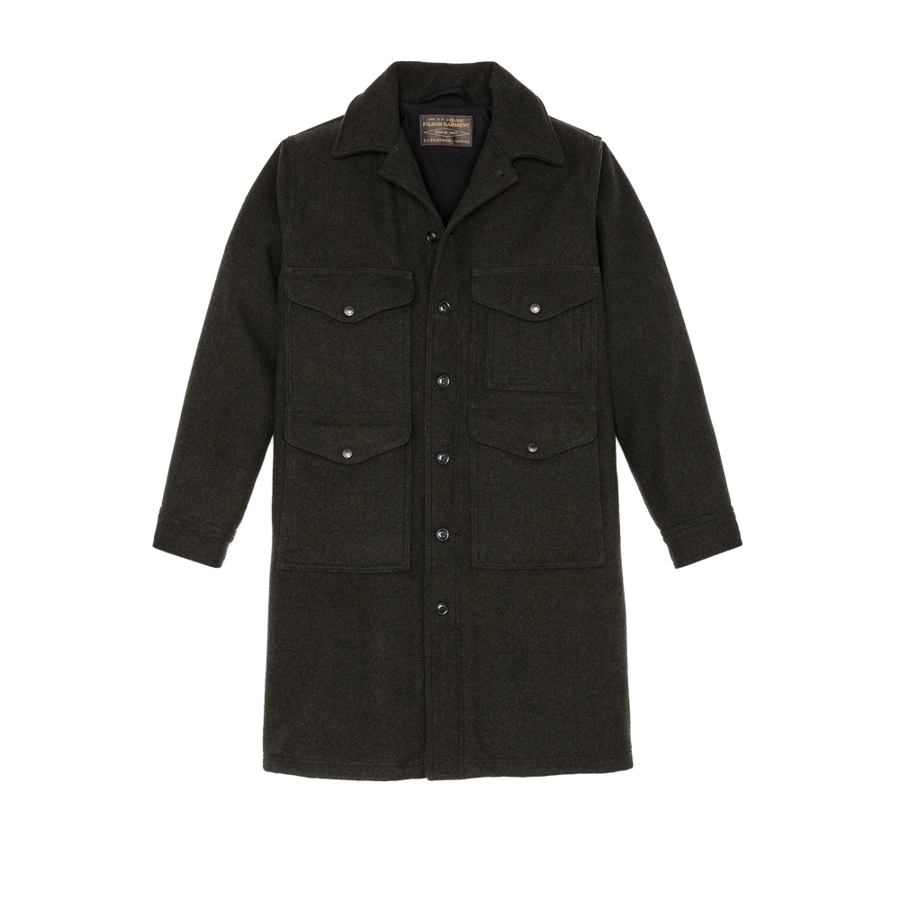 Front-facing image of the Filson Long Mackinaw Wool Cruiser - Peat Black
