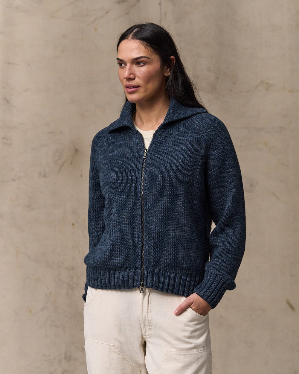 image of a model wearing Filson's Women's Cotton Full-zip Cardigan - Navy / Marl