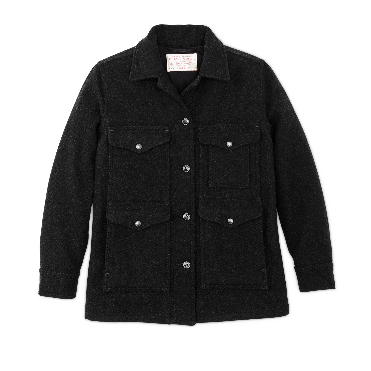 Front-facing image of the Filson Women's Mackinaw Cruiser - Charcoal