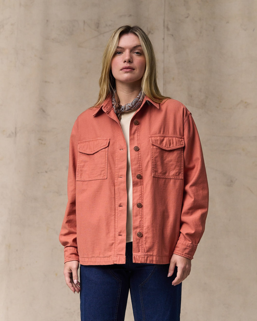 image of a model wearing Filson's Women's Reverse Sateen Jac-shirt - Copper Brown