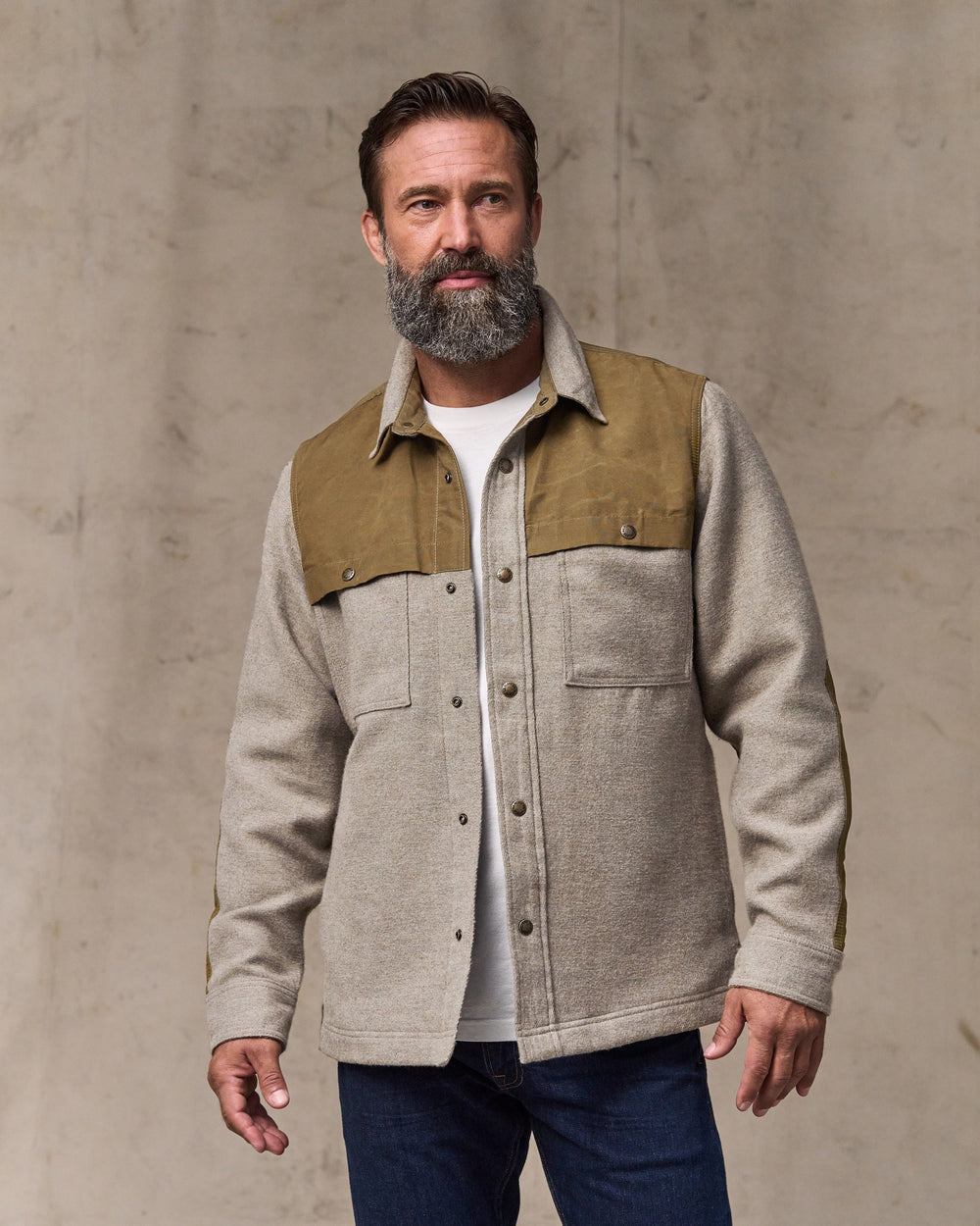 image of a model wearing Filson's Colchuck Forester Jac-shirt - Ash Heather
