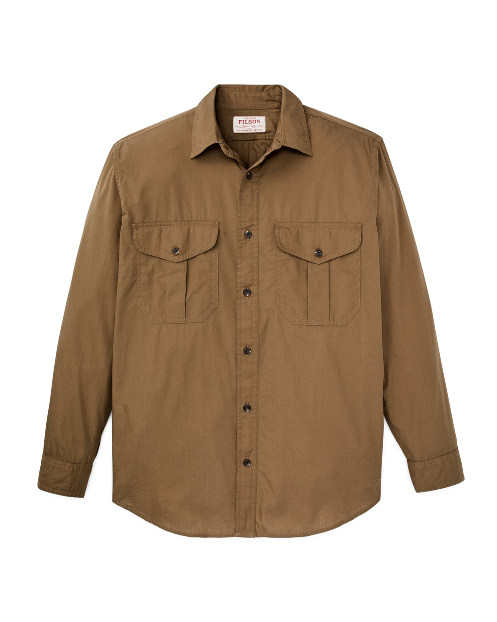 Front-facing image of the Filson Filson's Washed Feather Cloth Shirt - Rugged Tan