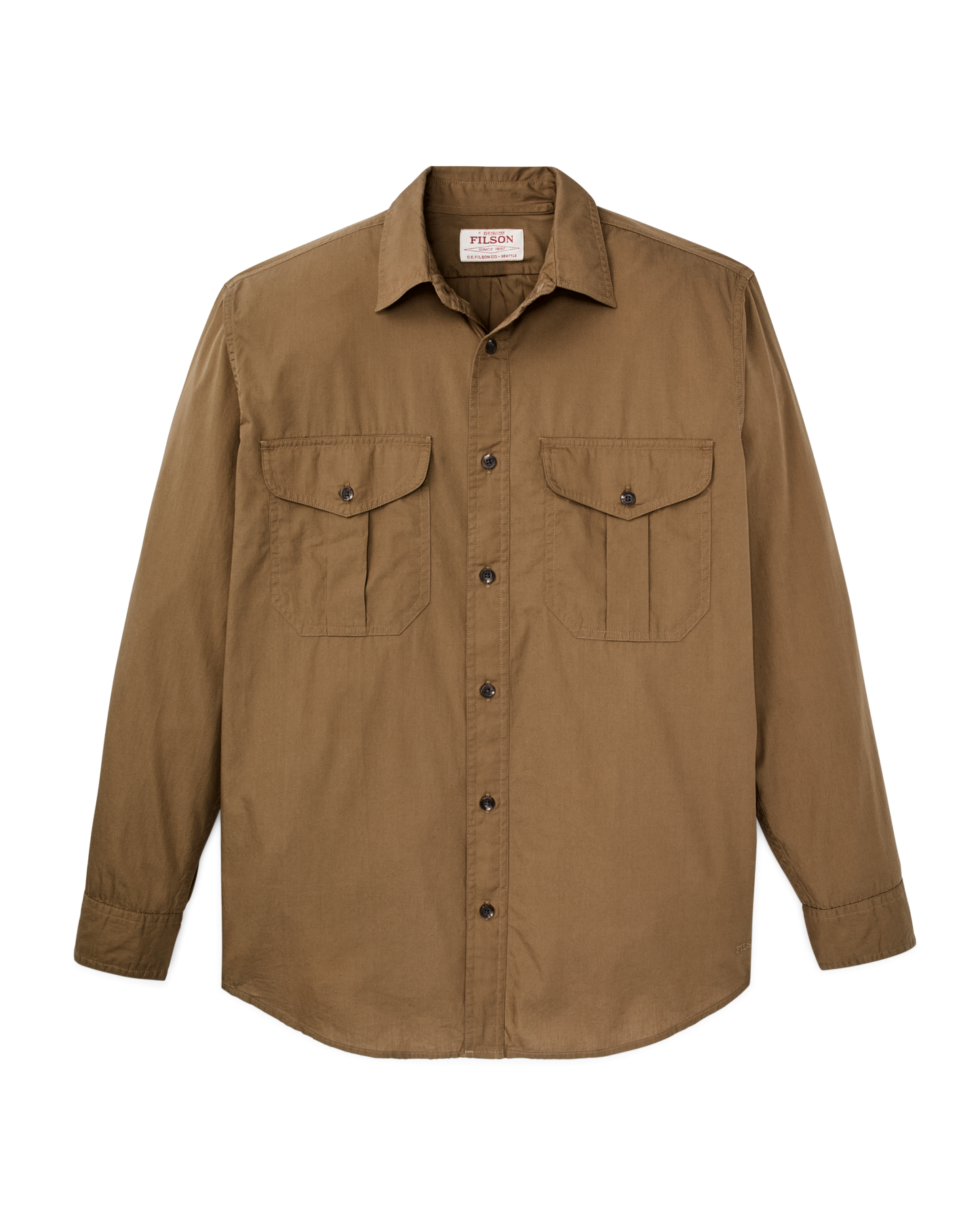 Front-facing image of the Filson Filson's Washed Feather Cloth Shirt - Rugged Tan