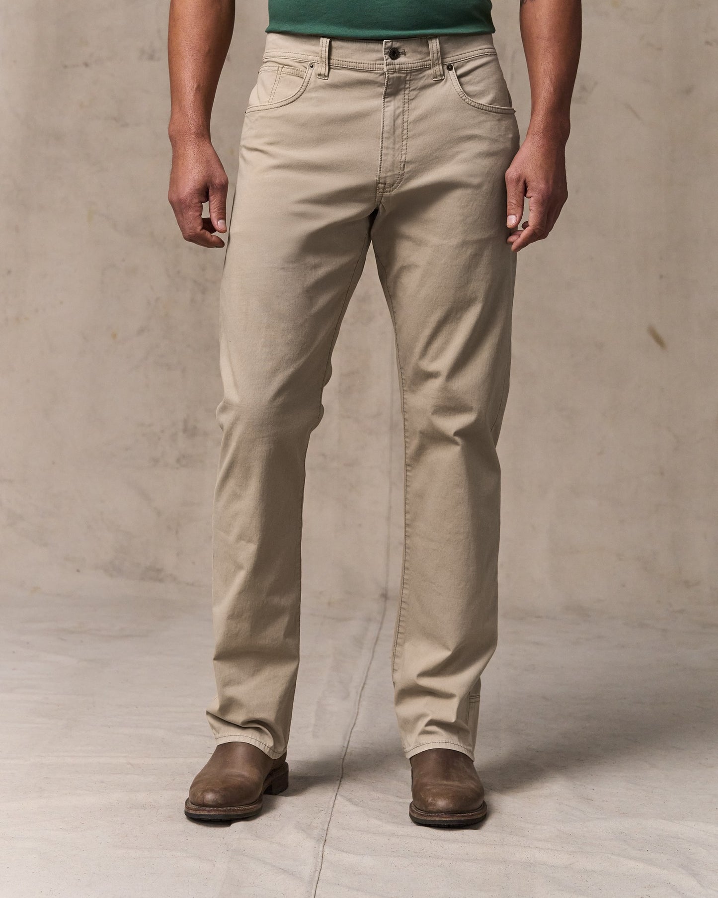 image of a model wearing Filson's Granite Mountain 5-pocket Pants - Buck Tan|Model is 6'2" wearing a size 34x32