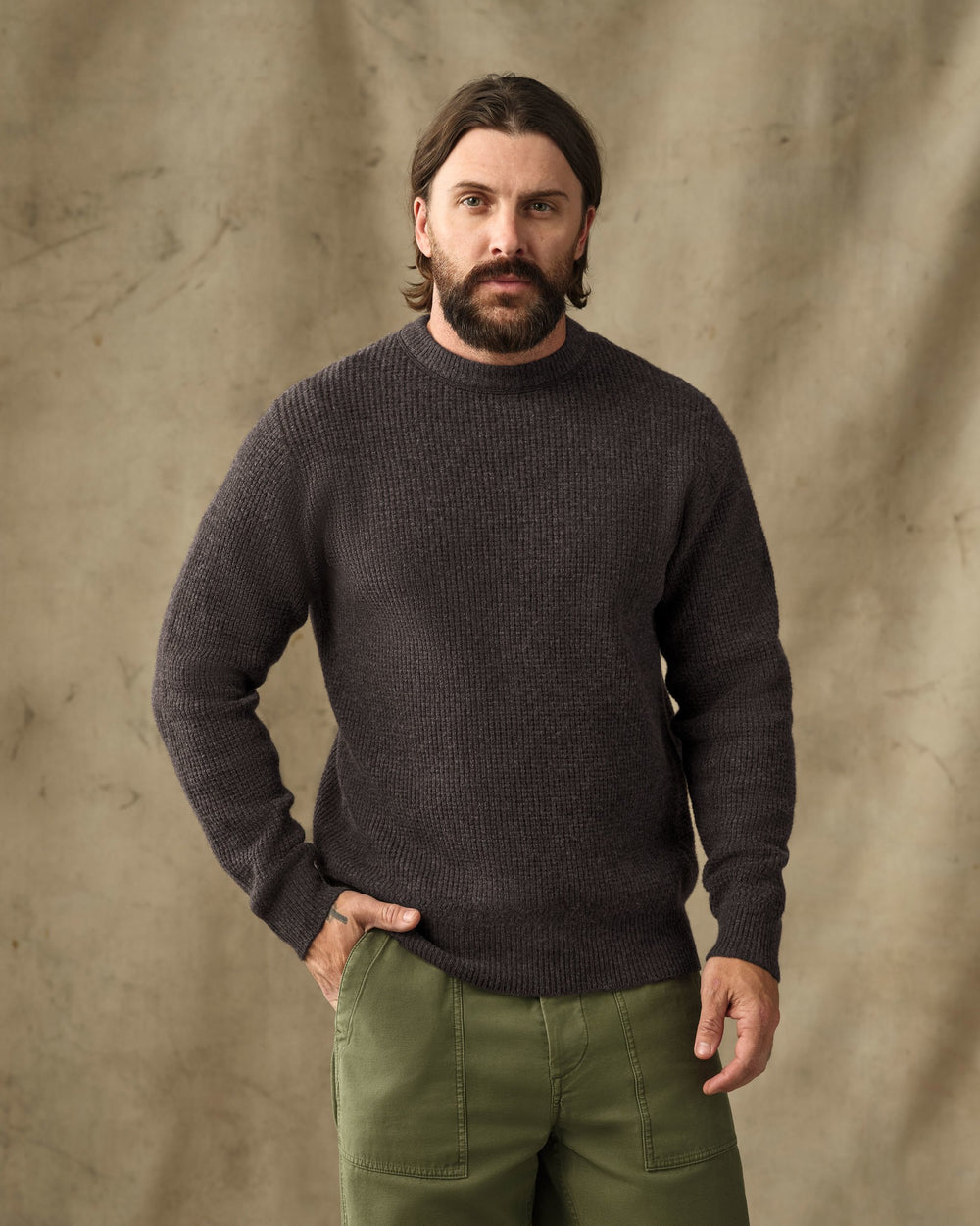 image of a model wearing Filson's Waffle Knit Merino Wool Sweater - Dark Brown Heather