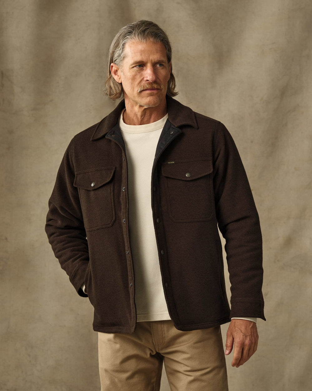 image of a model wearing Filson's Spokane Insulated Jac-Shirt - Beaver Brown