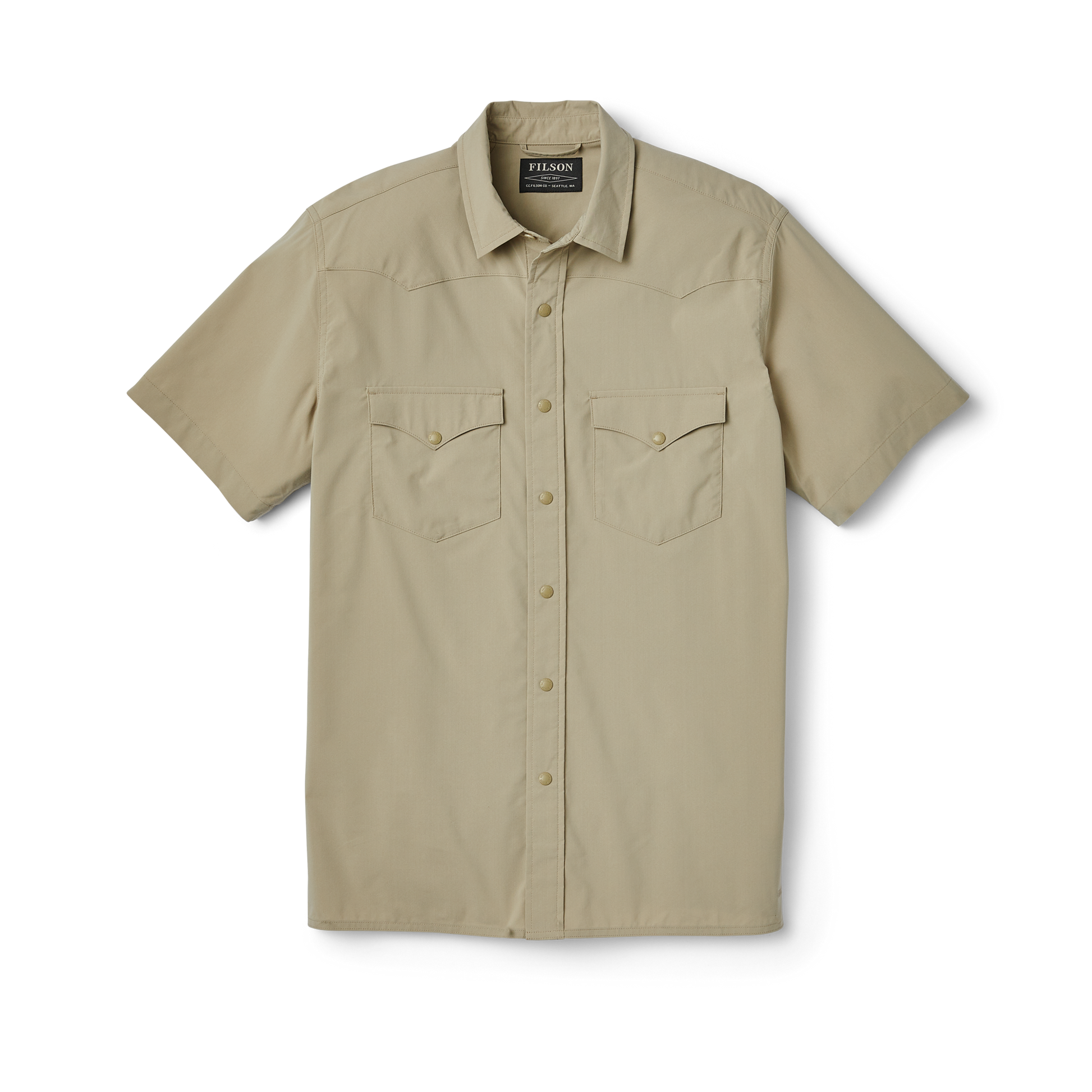 Front-facing image of the Filson Twin Lakes Short Sleeve Snap Front Shirt - Drygrass