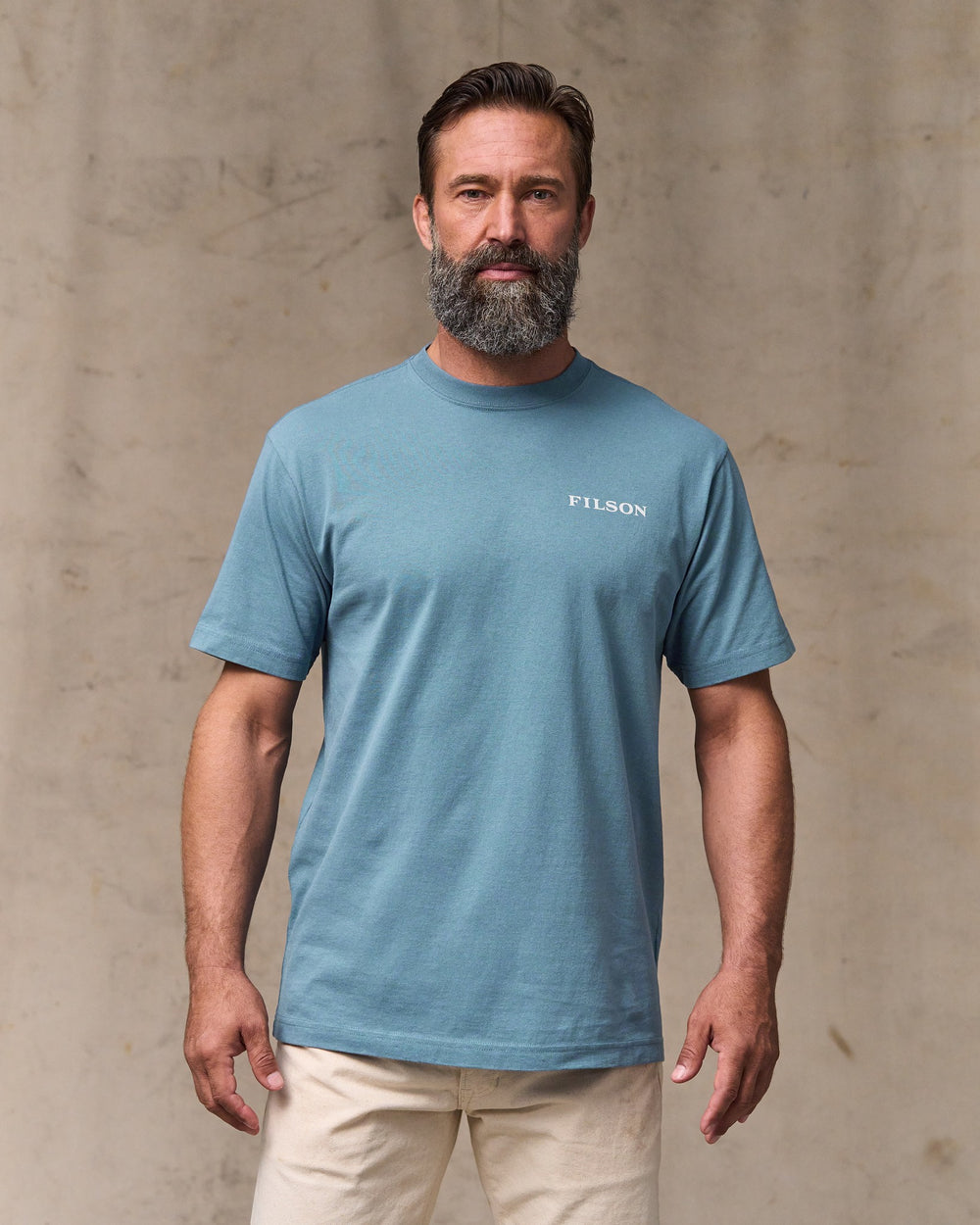 image of a model wearing Filson's Scenic Graphic T-shirt - Bluefin