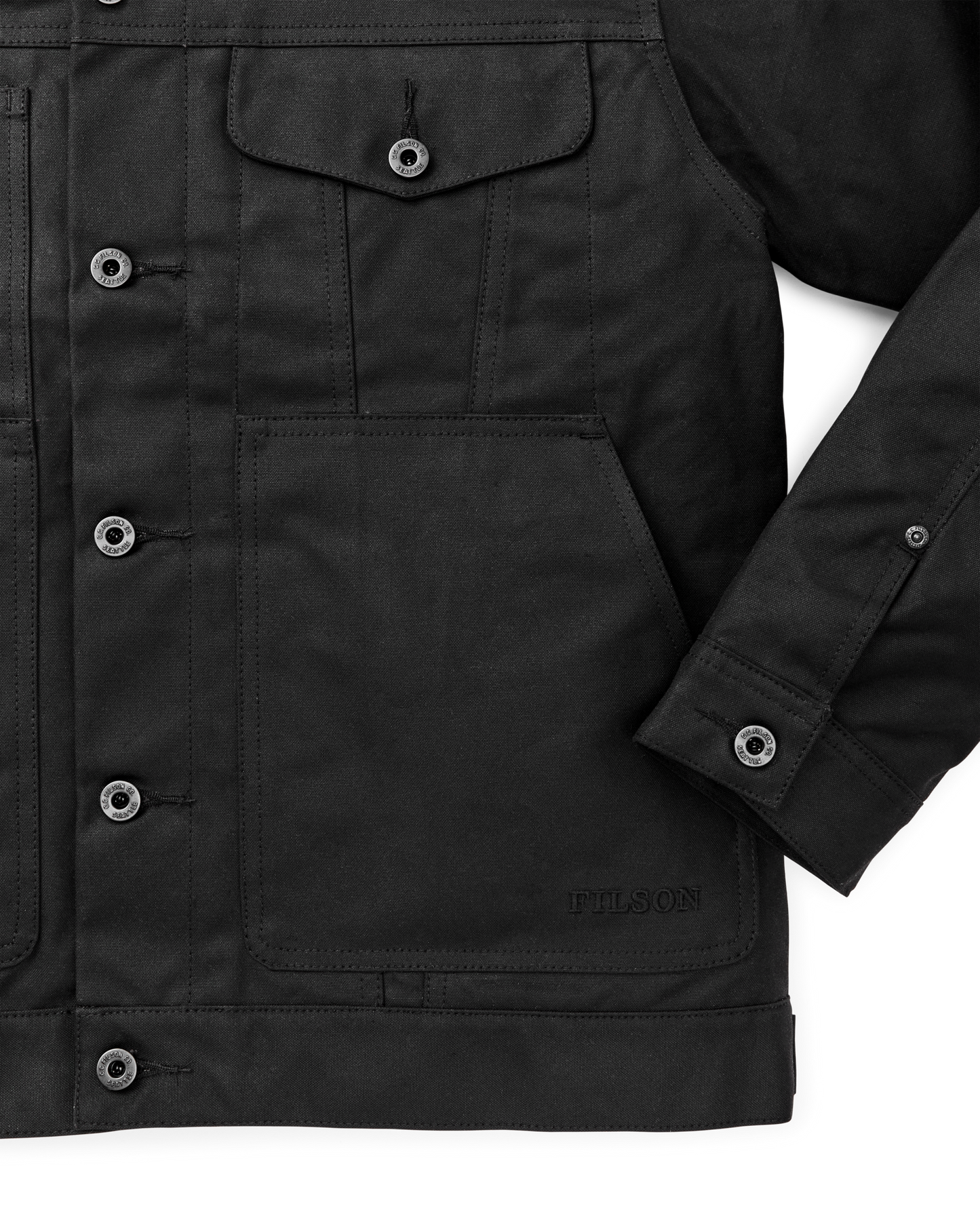 Alternate view of the Filson Tin Cloth Short Lined Cruiser Jacket - Black|Hand, slotted-utility and flapped chest pockets