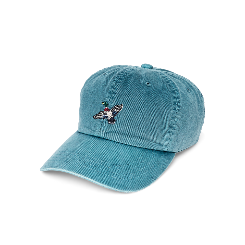 Front-facing image of the Filson Washed Low-profile Logger Cap - Slate / Mallard