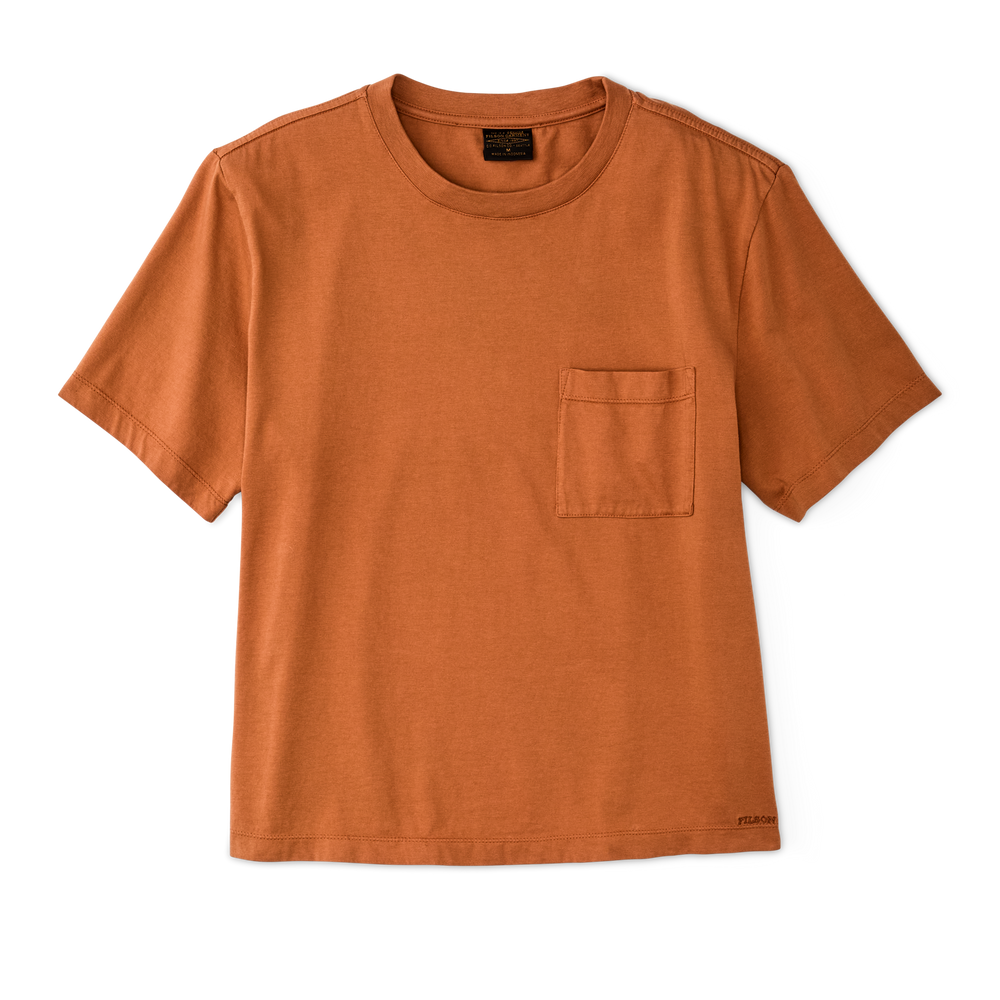 Front-facing image of the Filson Women's Short Sleeve Pocket Tee - Leather Brown